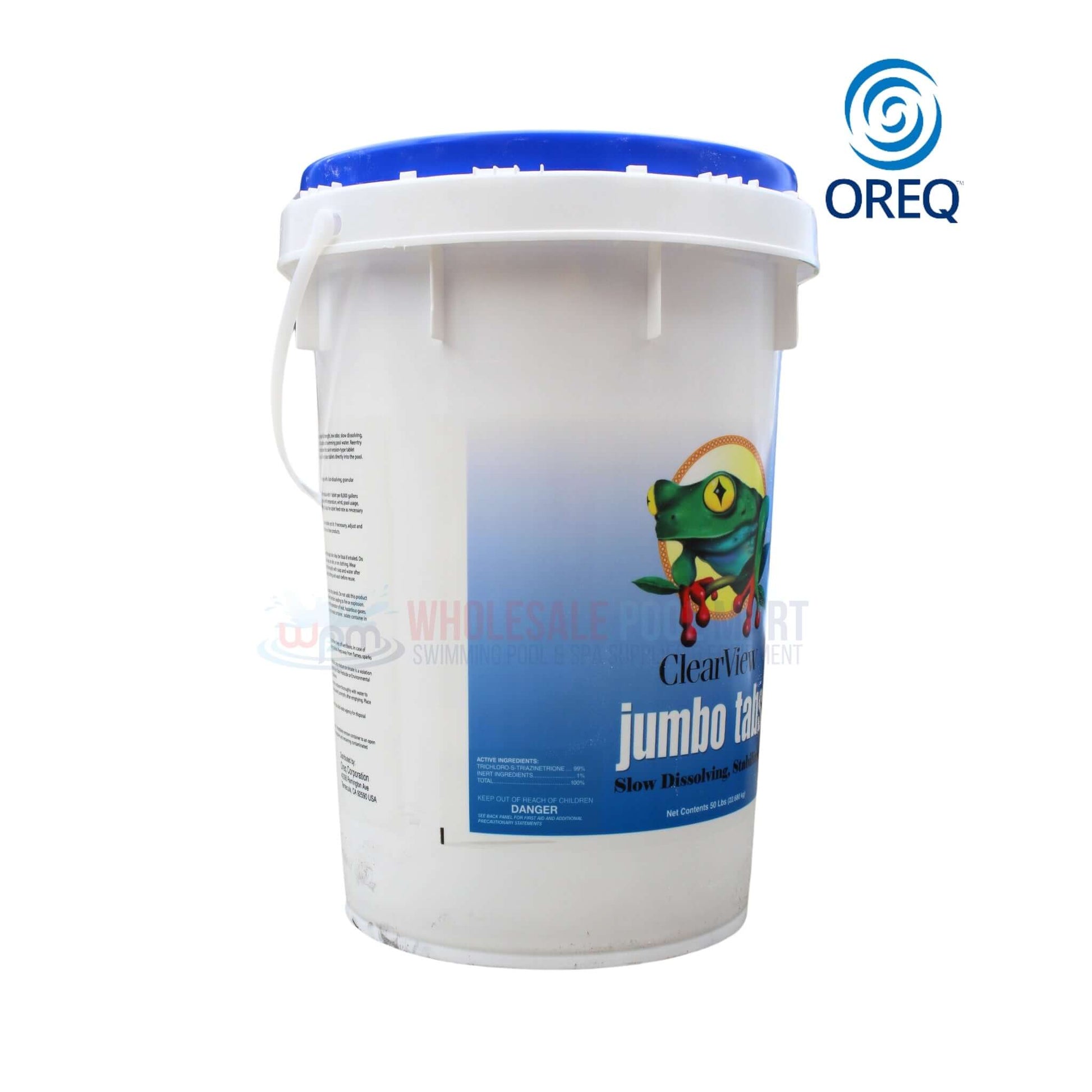 Oreq ClearView jumbo chlorine tablets bucket from Wholesale Pool Mart, featuring slow dissolving 3" chlorine tablets.