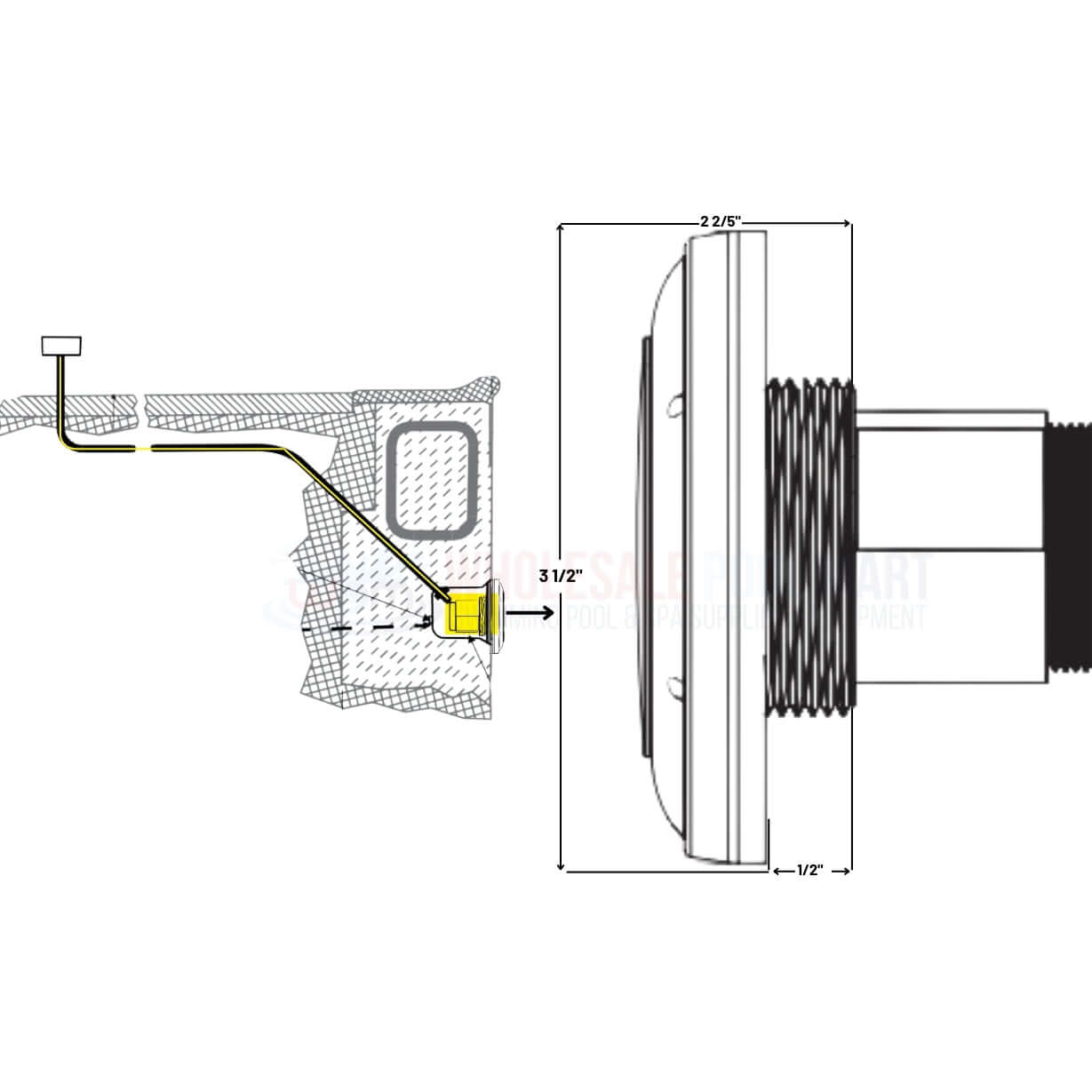 Technical diagram of PAL Lighting Treo Max Pool Light installation, featuring dimensions and cable connection for Wholesale Pool Mart WPM.