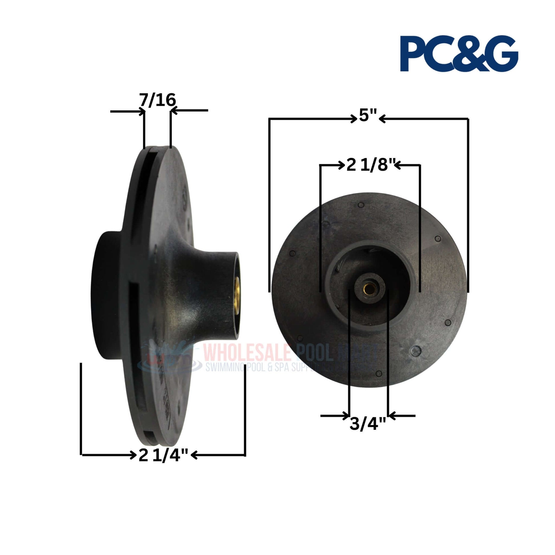 PC&G Impeller for Pentair WhisperFlo with dimensions, compatible 0.75HP - 1HP, Wholesale Pool Mart WPM.
