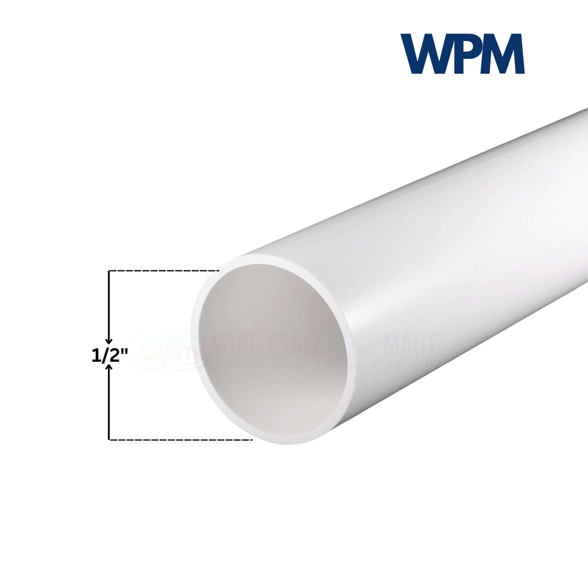 1/2" Schedule 40 PVC Pipe in white for plumbing, irrigation by Wholesale Pool Mart (WPM). Durable and versatile.