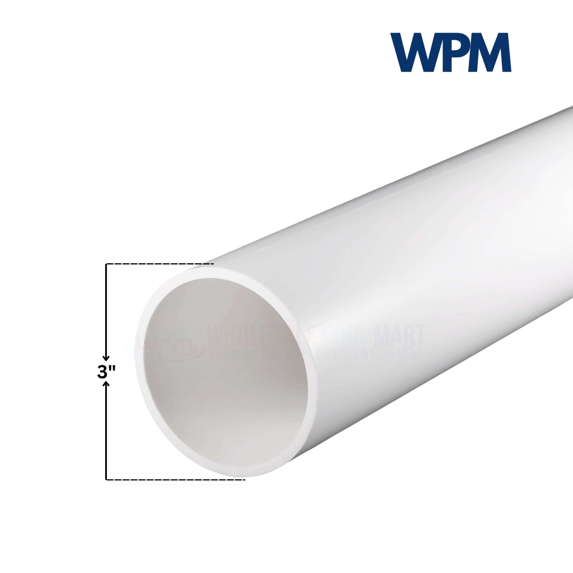 3" Schedule 40 PVC Pipe in white by Wholesale Pool Mart WPM, perfect for plumbing and irrigation applications.