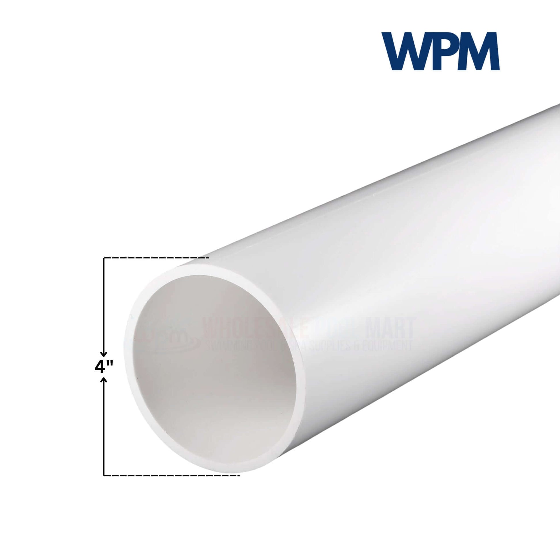 Schedule 40 PVC Pipe 4 inch diameter in white from Wholesale Pool Mart WPM, ideal for plumbing and irrigation.