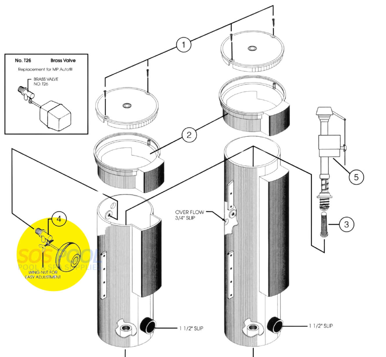 Pentair Autofill Float Valve T26 brass valve diagram, replacement parts, Wholesale Pool Mart WPM for automatic water fillers.