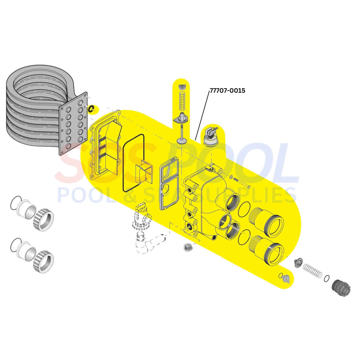 Pentair Manifold Kit 77707-0015 diagram for MasterTemp and Max-E-Therm heaters from Wholesale Pool Mart WPM.