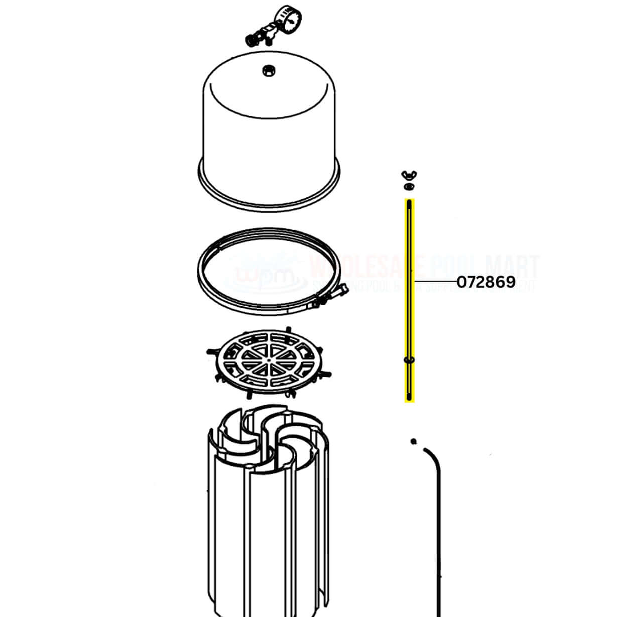 Pentair Purex Filter Rod Assembly 072869 parts diagram for Wholesale Pool Mart WPM, including filter tie rod components.