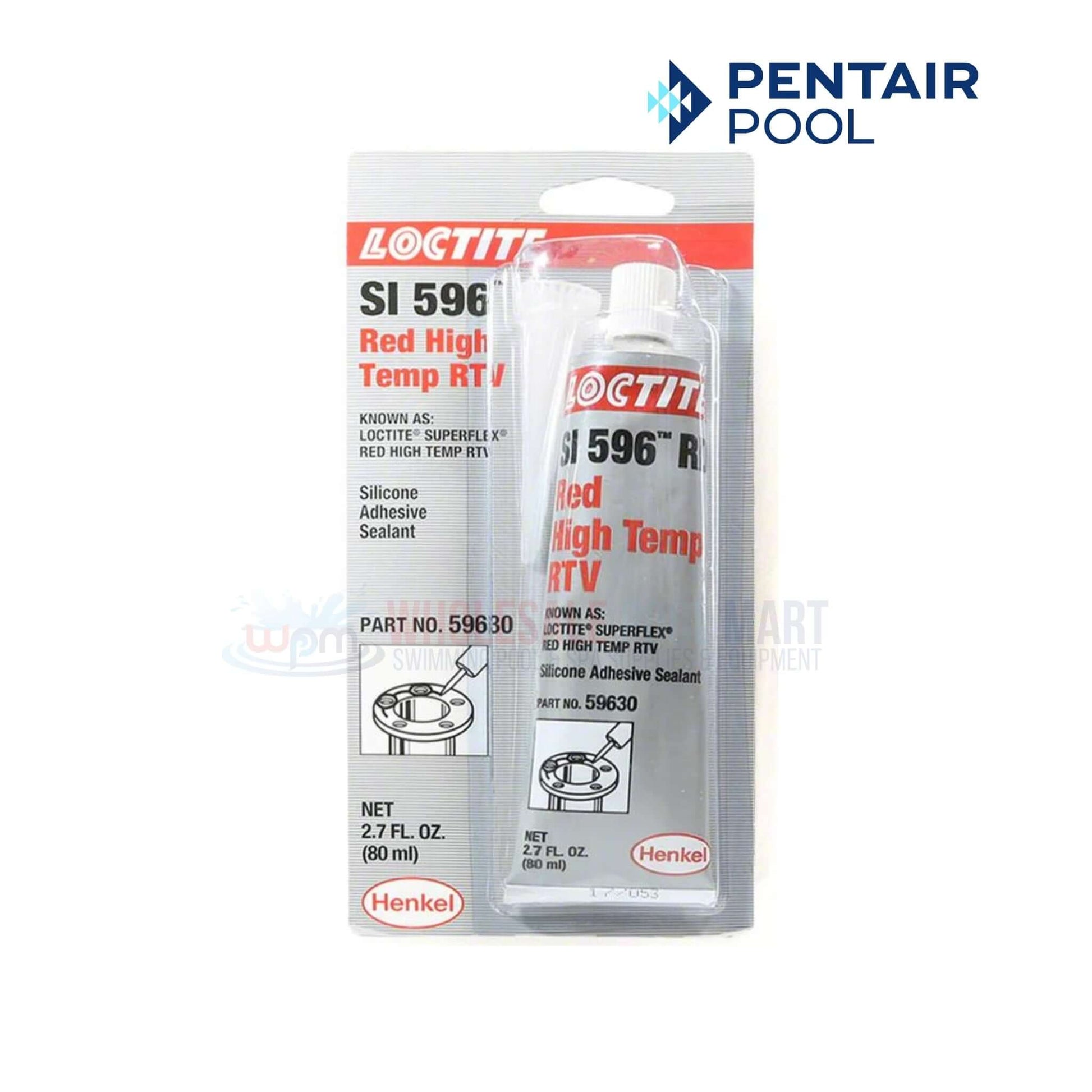 Pentair Pool Loctite SI 596 Red High Temp RTV adhesive sealant by Wholesale Pool Mart WPM, 2.7 FL OZ, part 59630.