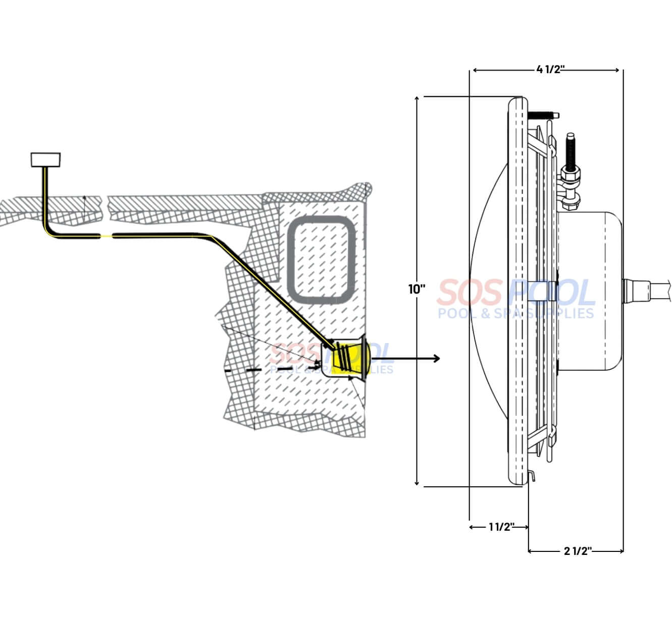 Pentair White Pool Light 5G IntelliBrite installation diagram, dimensions 10" x 4.5", from Wholesale Pool Mart WPM.