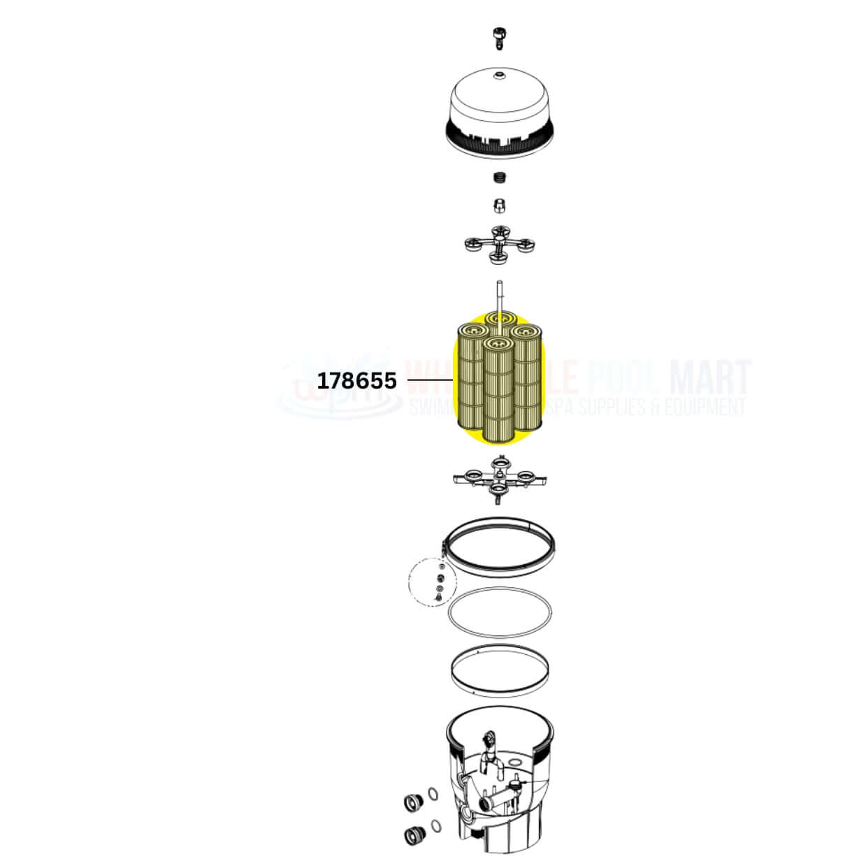 Pentair Cartridge 178655 for Quad DE 80 Filters - Wholesale Pool Mart WPM, detailed exploded view of components.