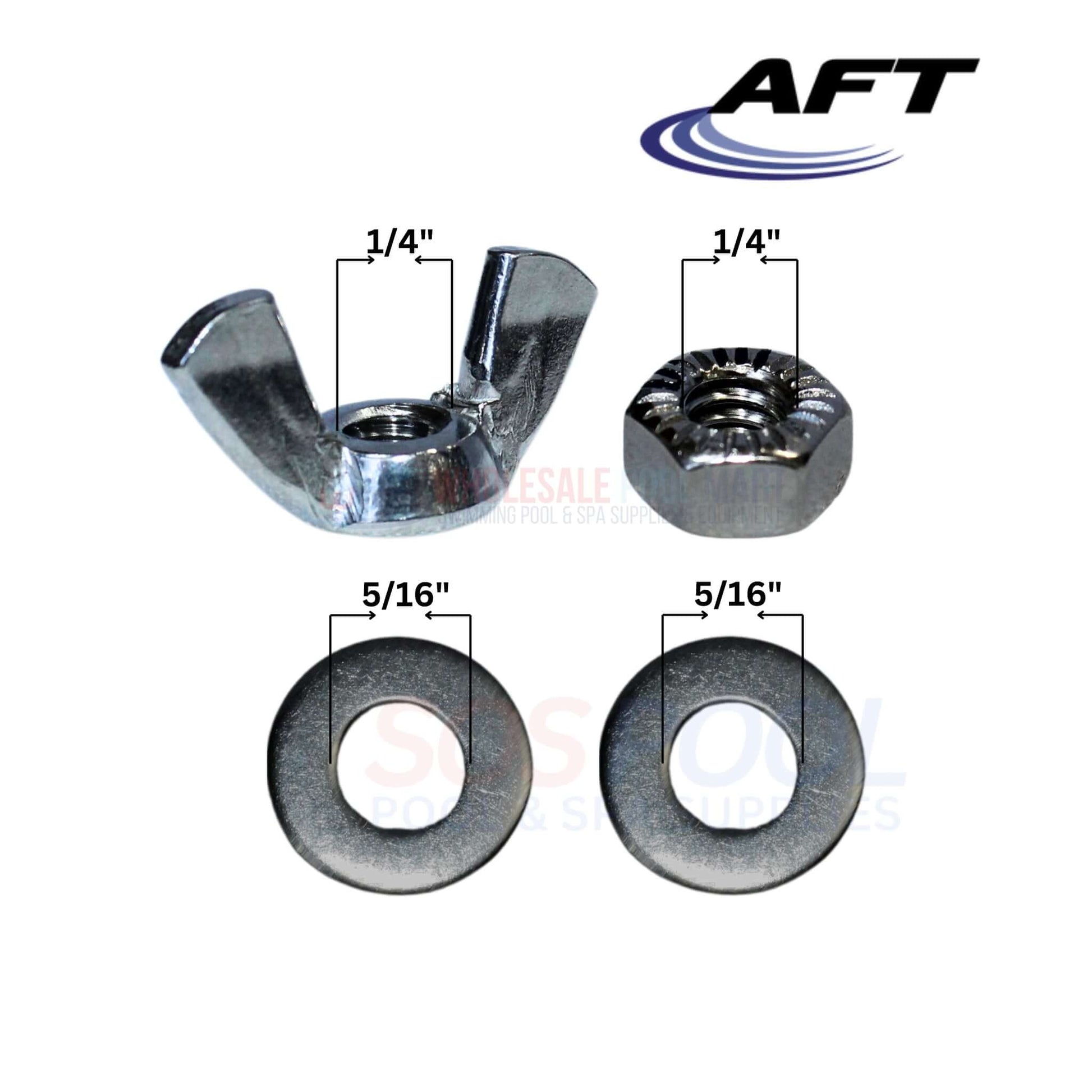 Image of AFT stainless steel nuts and washers, 1/4" and 5/16" sizes from Wholesale Pool Mart WPM.