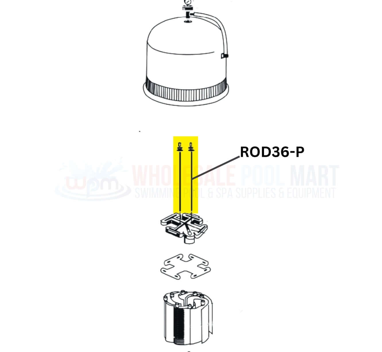 Pentair FNS Plus Filter Rod Assembly diagram with 36 sq. ft Filter Tie Rod, ROD36-P. Available at Wholesale Pool Mart WPM.