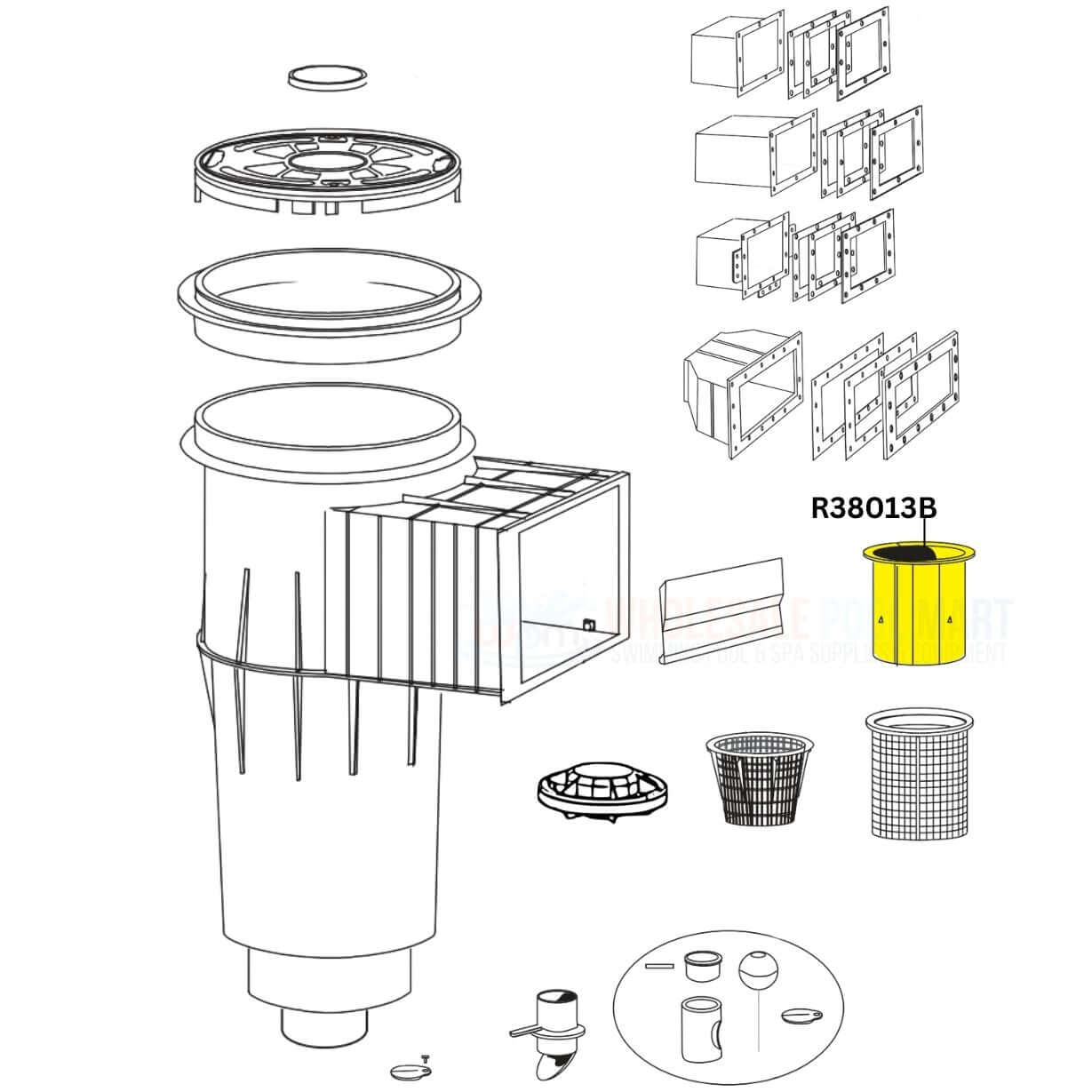 Diagram of Pentair R38013B floating weir for Admiral skimmers, designed for efficient water flow. Wholesale Pool Mart WPM.