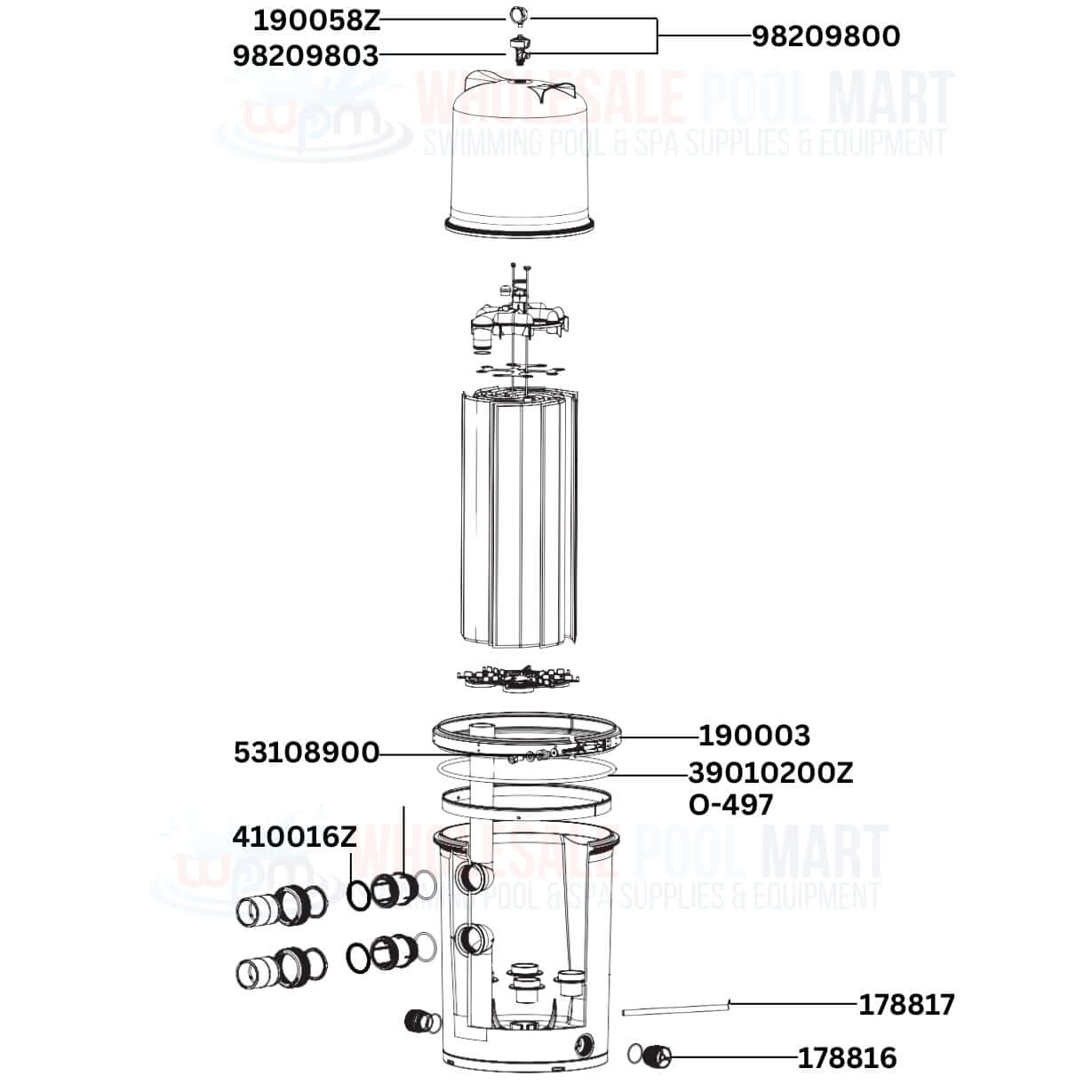 Exploded view of Jandy filter components including pressure gauge, for Wholesale Pool Mart WPM supplies.