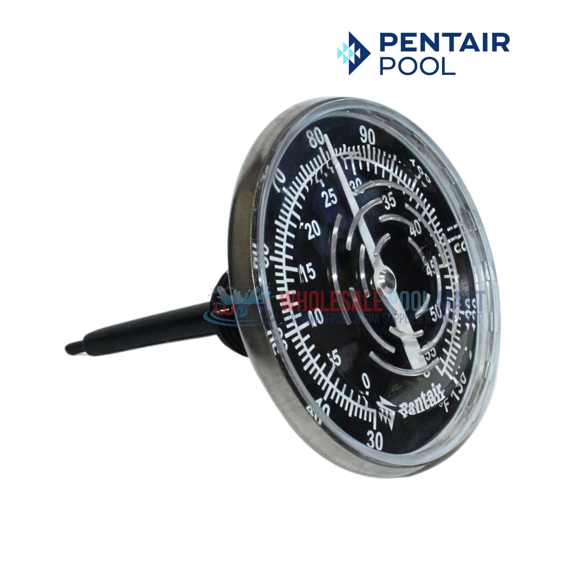 Pentair Inline Thermometer SL1DW with nylon well, dual readings 30-130, sold by Wholesale Pool Mart WPM.