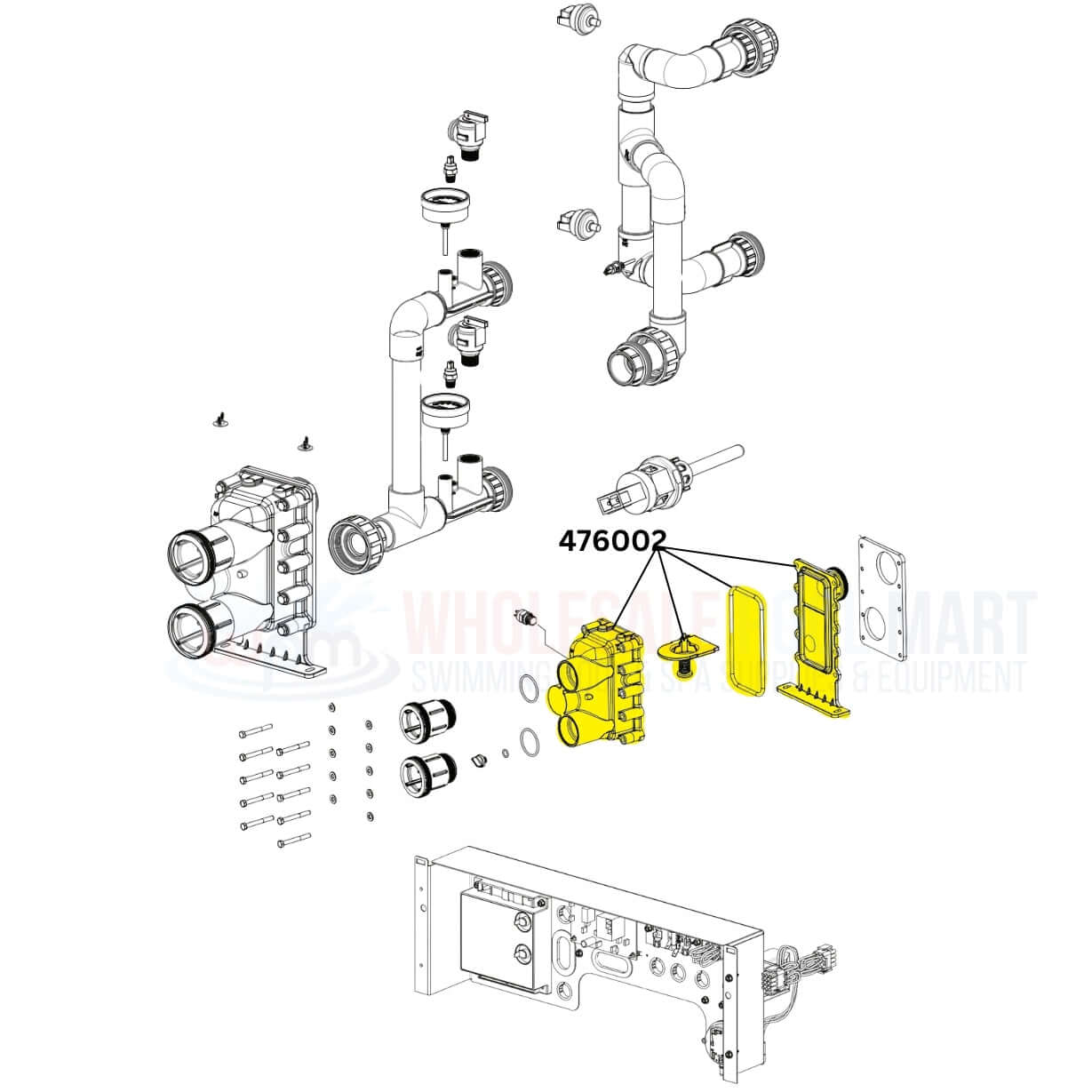Pentair manifold diagram for ETI 400 heaters 476002 from Wholesale Pool Mart WPM showing components and assembly.