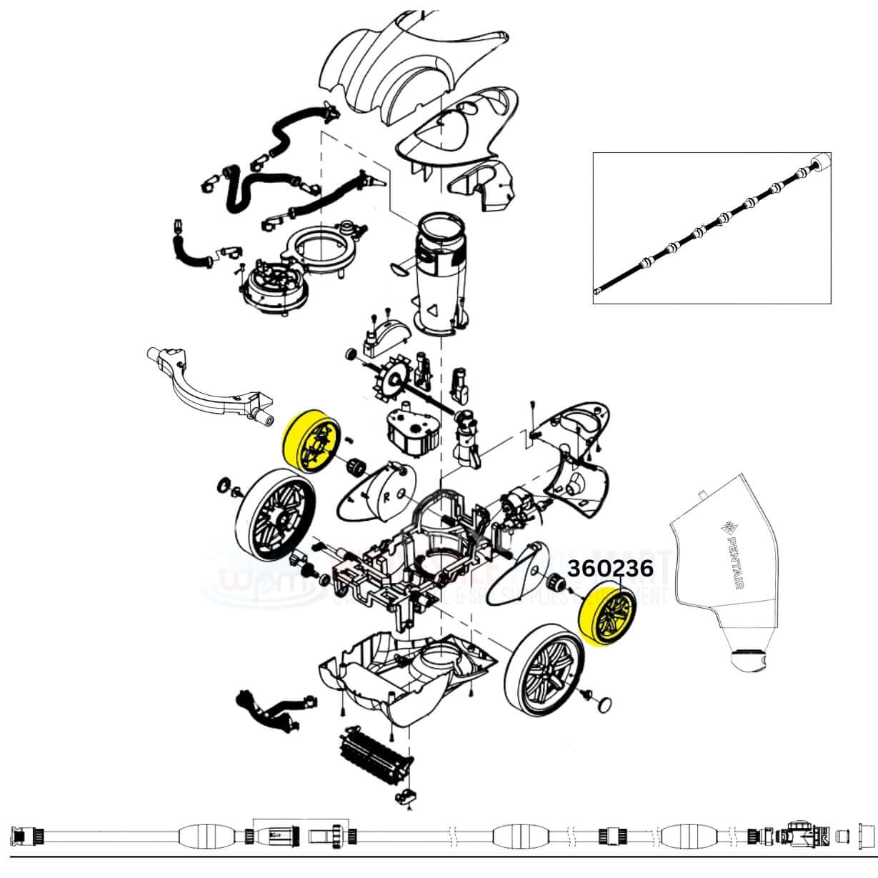 Pentair Small Wheel Kit for Racer Cleaners 360236 diagram, includes parts like wheels and hubs, from Wholesale Pool Mart WPM.