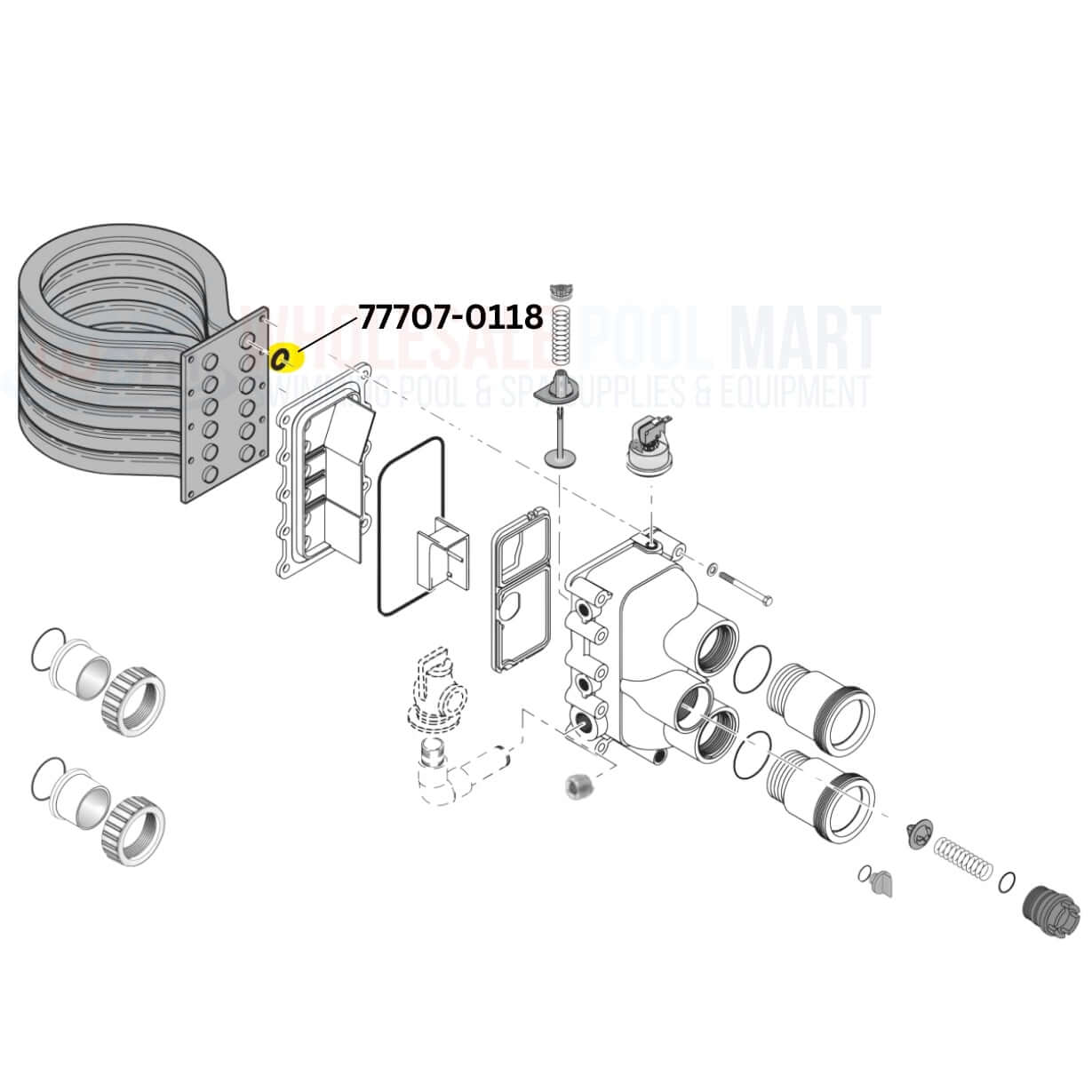 Pentair 77707-0118 Tube Sheet Coil Sealing O-Ring Kit for heaters by Wholesale Pool Mart WPM, 10 pack, parts diagram.