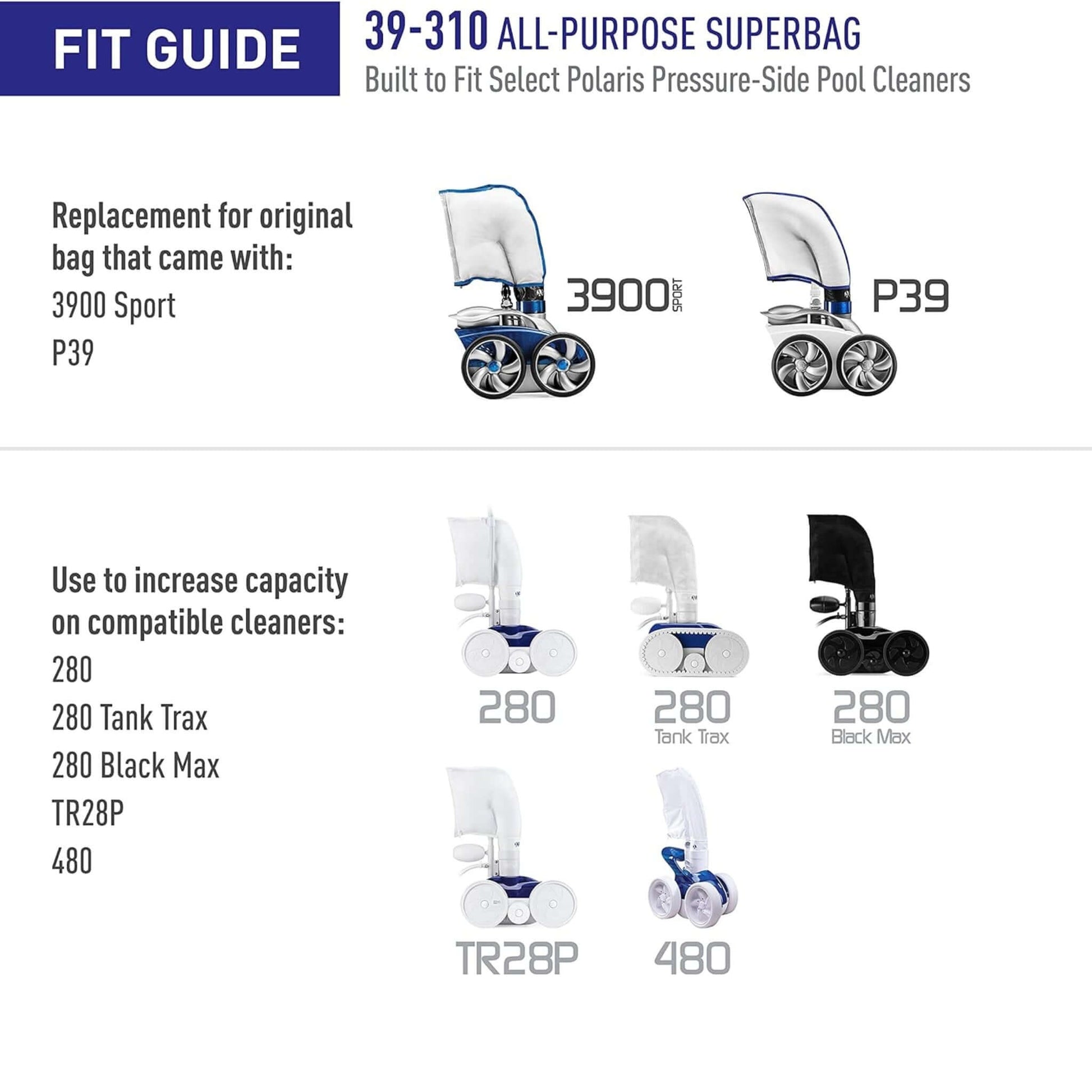 Polaris SuperBag 39-310 fit guide for 3900 Sport, P39, 280 models at Wholesale Pool Mart WPM.