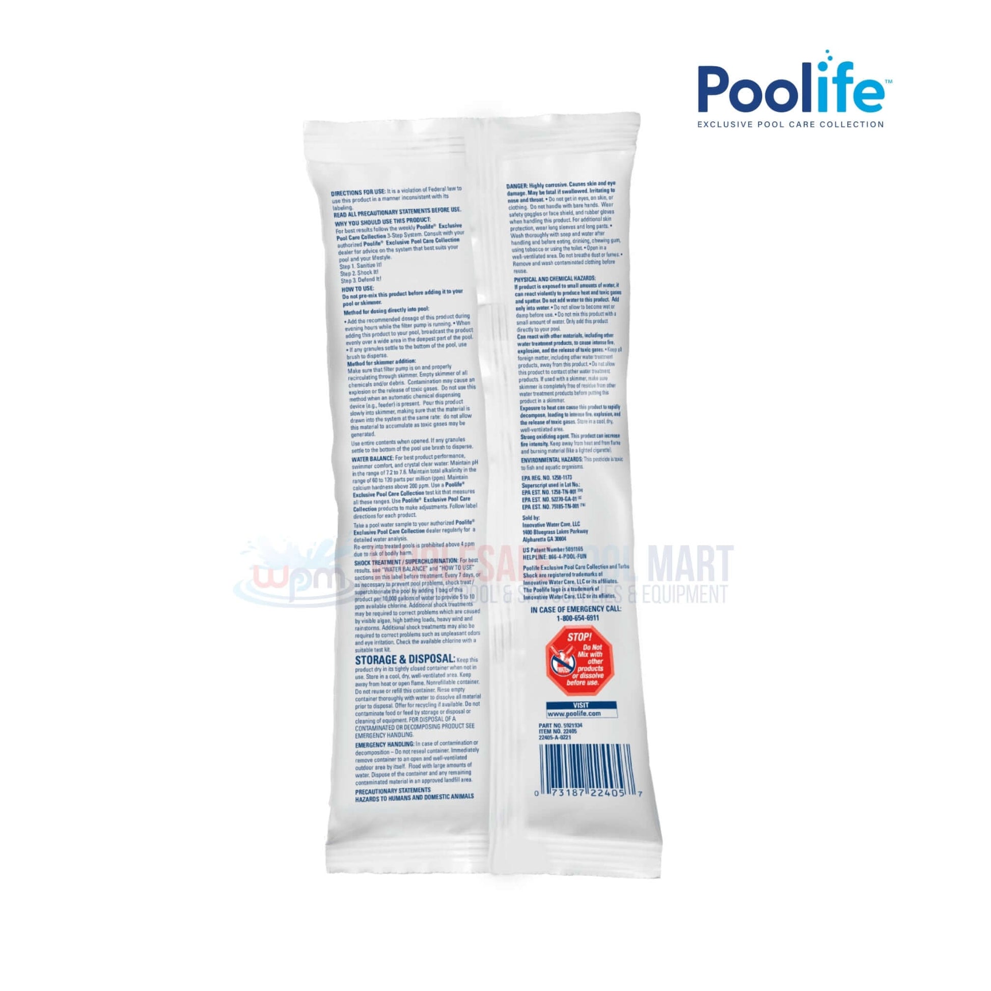 Poolife TurboShock packaging featuring instructions; effective pool shock treatment by Wholesale Pool Mart WPM.