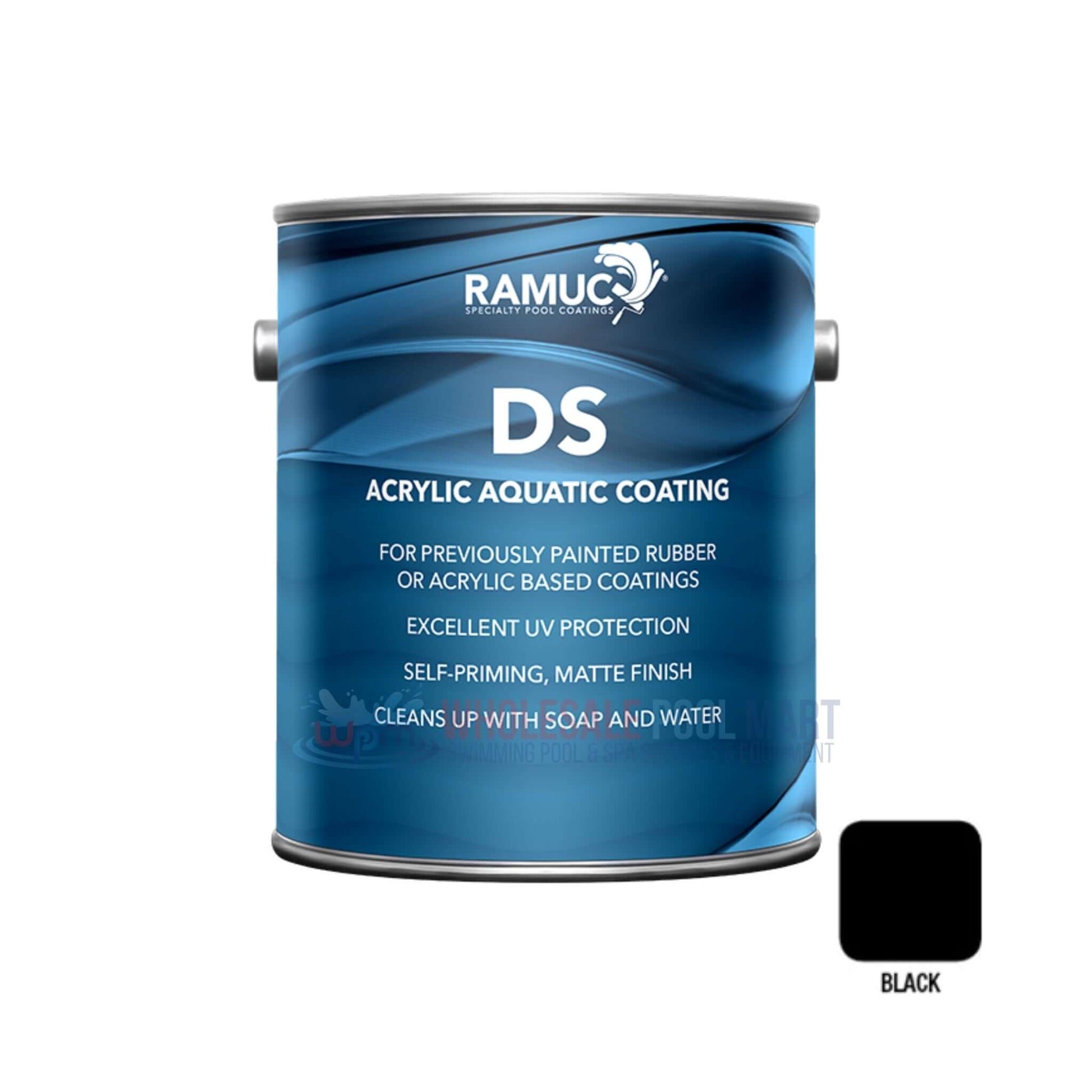 RAMUC DS Acrylic Pool Paint in Black for Wholesale Pool Mart WPM, self-priming matte finish, 1 gallon, 350-400 sq ft coverage.