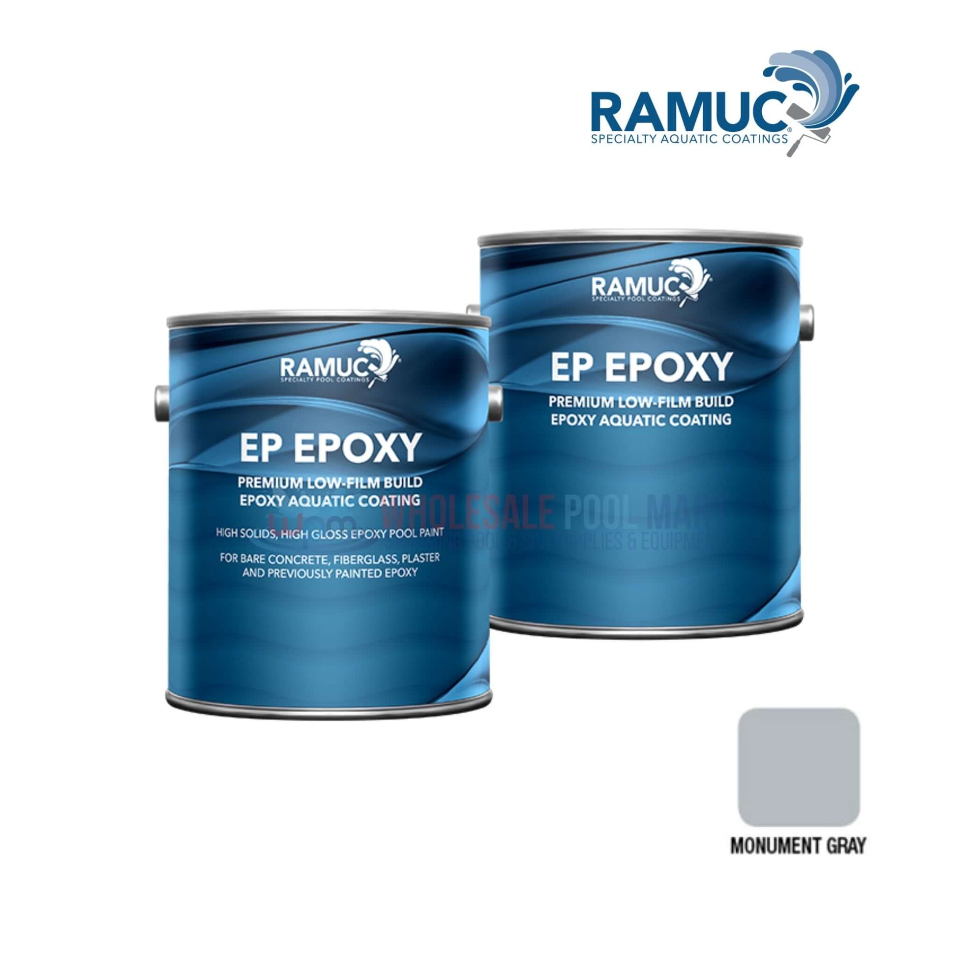 RAMUC EP Epoxy Pool Paint cans in Monument Gray from Wholesale Pool Mart WPM, ideal for durable swimming pool surfaces.