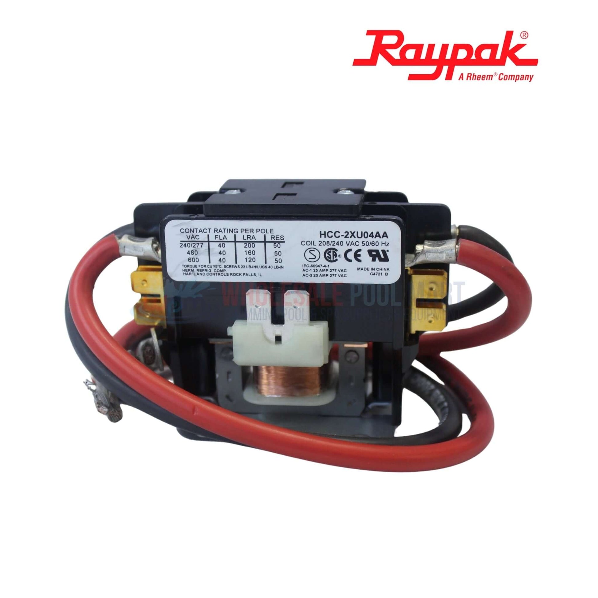 Raypak 001813F 240V Contractor Heaters | ELS/ELC/ELA contactor relay with red wires, pool supplies from Wholesale Pool Mart.
