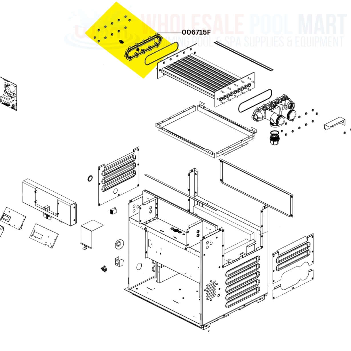 Raypak Bypass Kit 006715F diagram from Wholesale Pool Mart for Low NOx heaters, showcasing parts and assembly.
