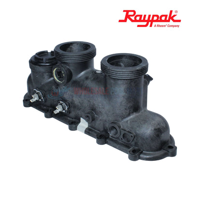 Raypak Inlet Outlet Header Assembly 006827F for Polymer Heaters from Wholesale Pool Mart WPM, durable and corrosion-resistant.