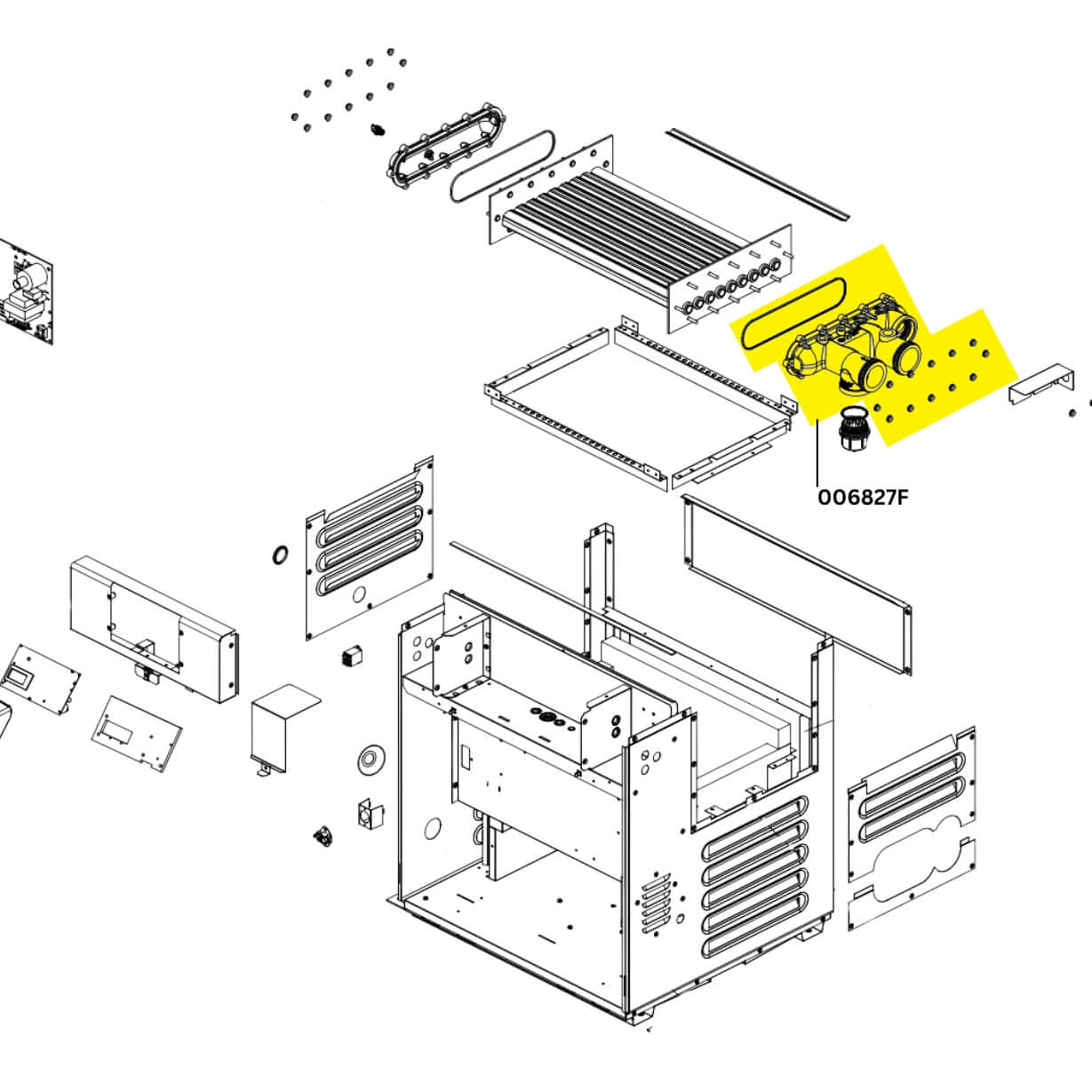 Raypak Inlet Outlet Header Assembly model 006827F diagram for Polymer Heaters by Wholesale Pool Mart WPM.