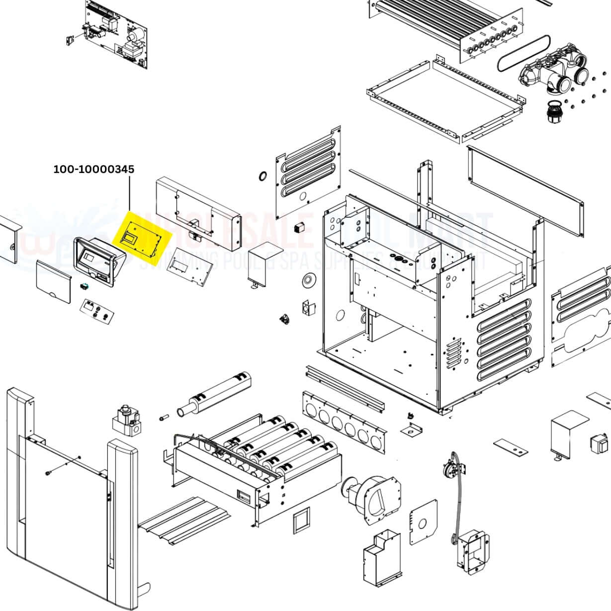 Raypak PC Control Board Kit 100-10000345 diagram for heaters, sold at Wholesale Pool Mart WPM, showing parts and assembly.