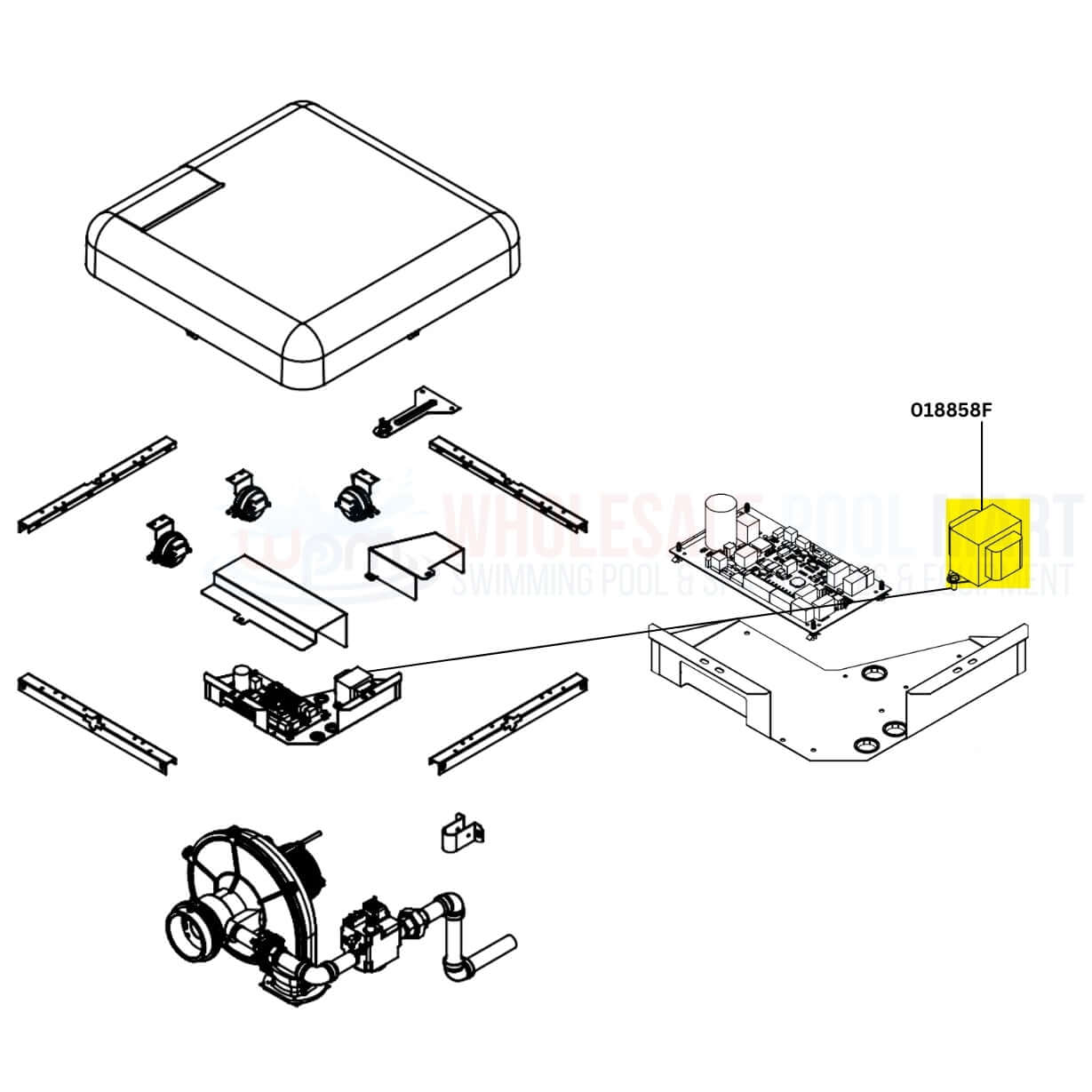 Raypak Transformer 018858F parts diagram for AVIA 404 and 264 heaters at Wholesale Pool Mart WPM, showing efficient components.