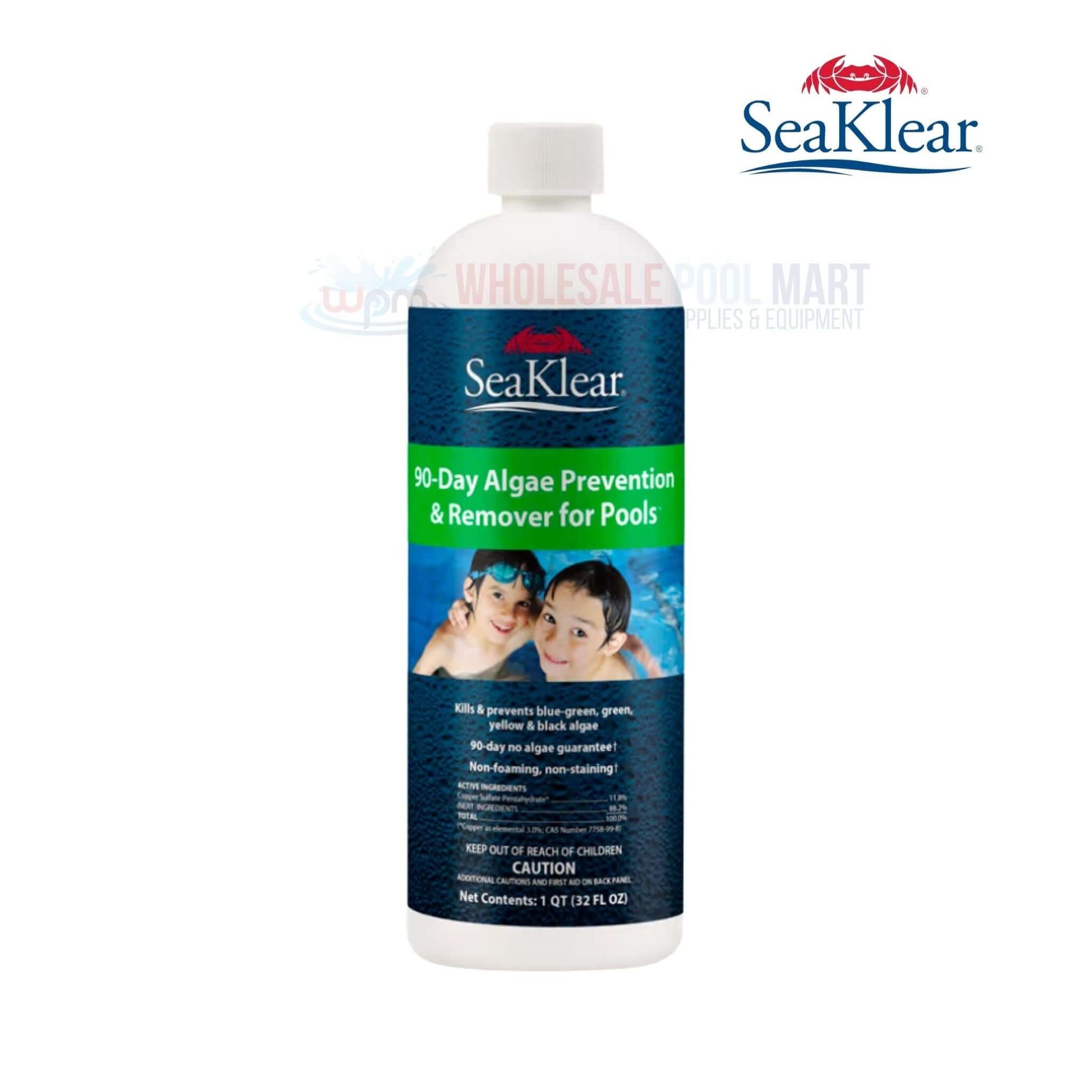 SeaKlear 90-Day Algae Prevention & Remover, 1 qt, from Wholesale Pool Mart WPM, effective algaecide for pools.