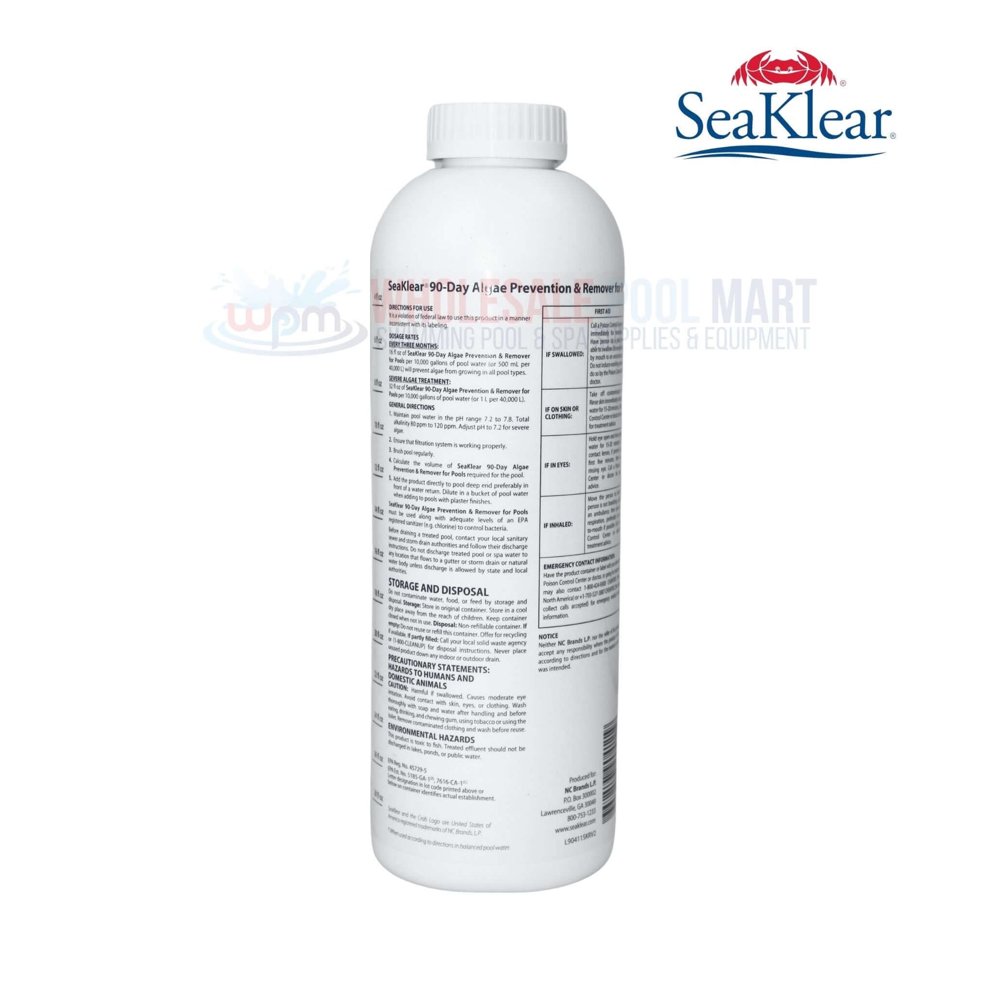 SeaKlear 90-Day Algae Prevention and Remover 90411SKR from Wholesale Pool Mart WPM, copper-based, non-foaming solution.