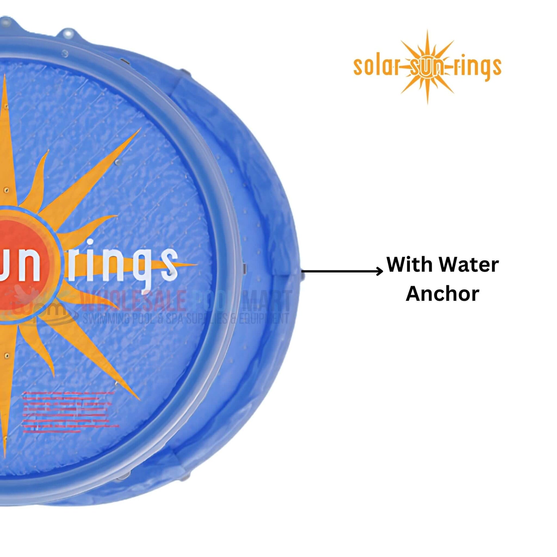 Solar Sun Rings Pool Cover SSRA-SB-02 with Water Anchor, Wholesale Pool Mart WPM, Sunburst Design, UV-resistant.