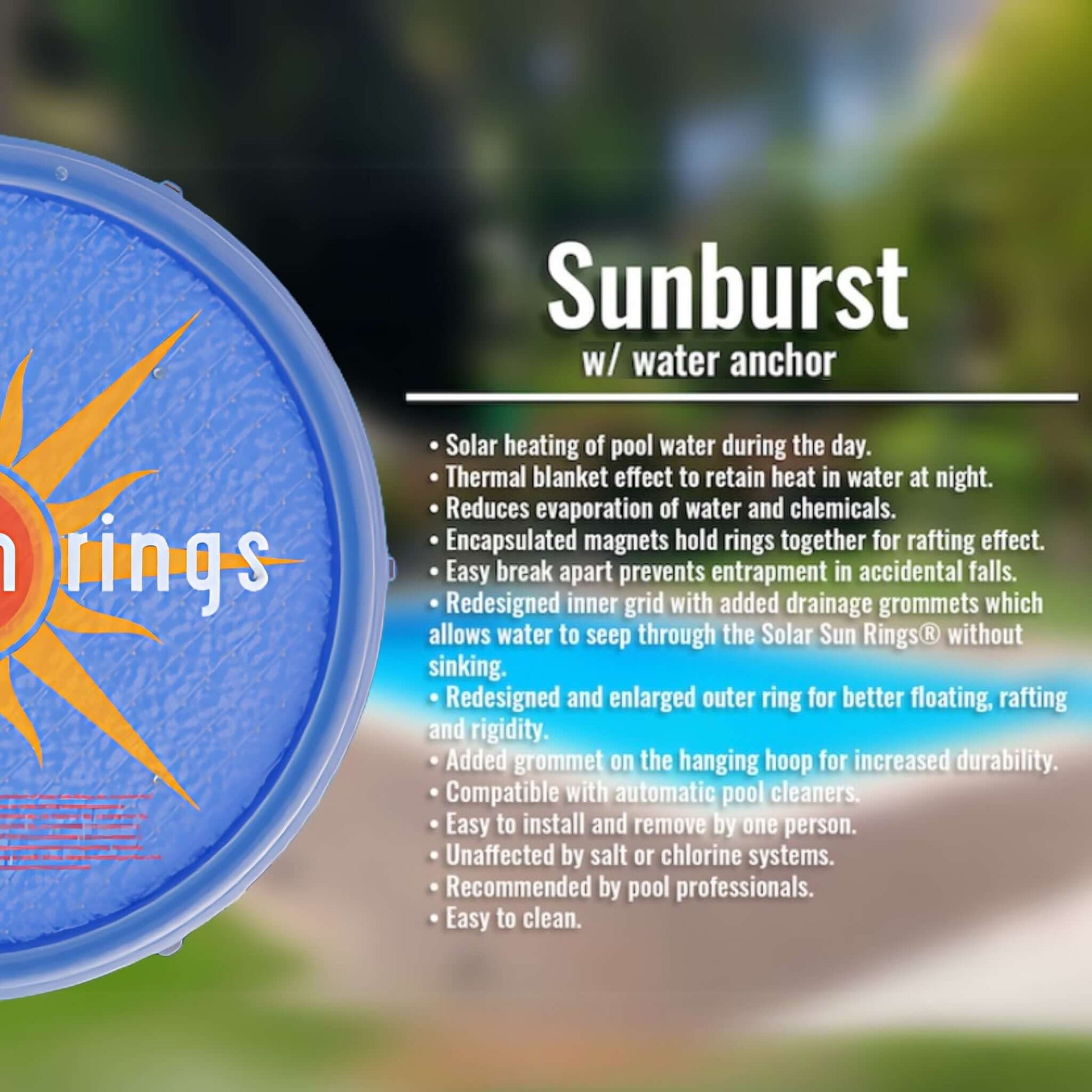 Solar Sun Rings Pool Cover SSRA-SB-02 Sunburst Design by Wholesale Pool Mart WPM for easy pool heating and reduced evaporation.