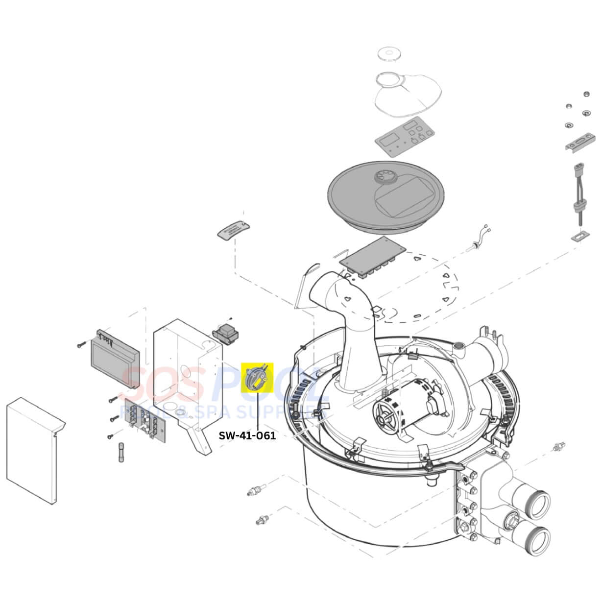 Exploded view of Swimables Air Flow Switch SW-41-061 for Pentair heaters, available at Wholesale Pool Mart WPM.