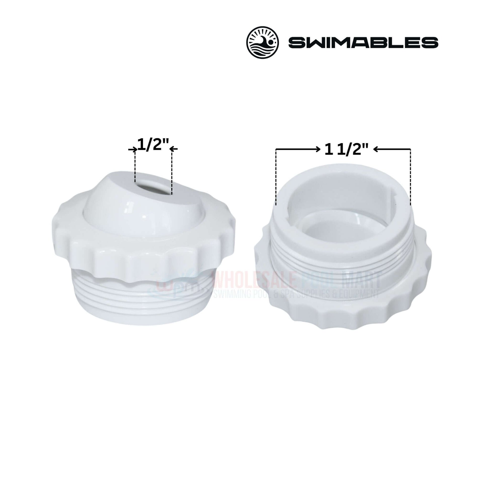 Swimables 1/2 inch threaded white pool fitting, durable design for water flow control, SKU SW-30-820 from Wholesale Pool Mart WPM.