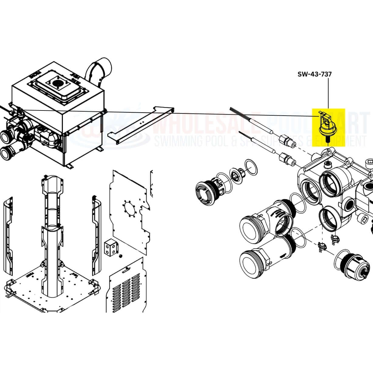 Exploded view diagram of Swimables Pressure Switch SW-43-737 for Raypak Low Nox Heaters at Wholesale Pool Mart WPM.
