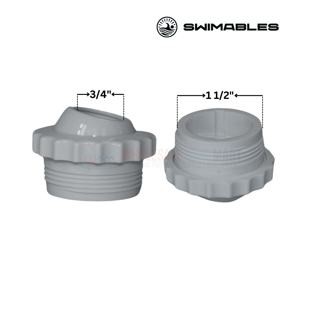 Swimables grey threaded fittings, 3/4" and 1-1/2" sizes, for precise water flow control - Wholesale Pool Mart WPM.