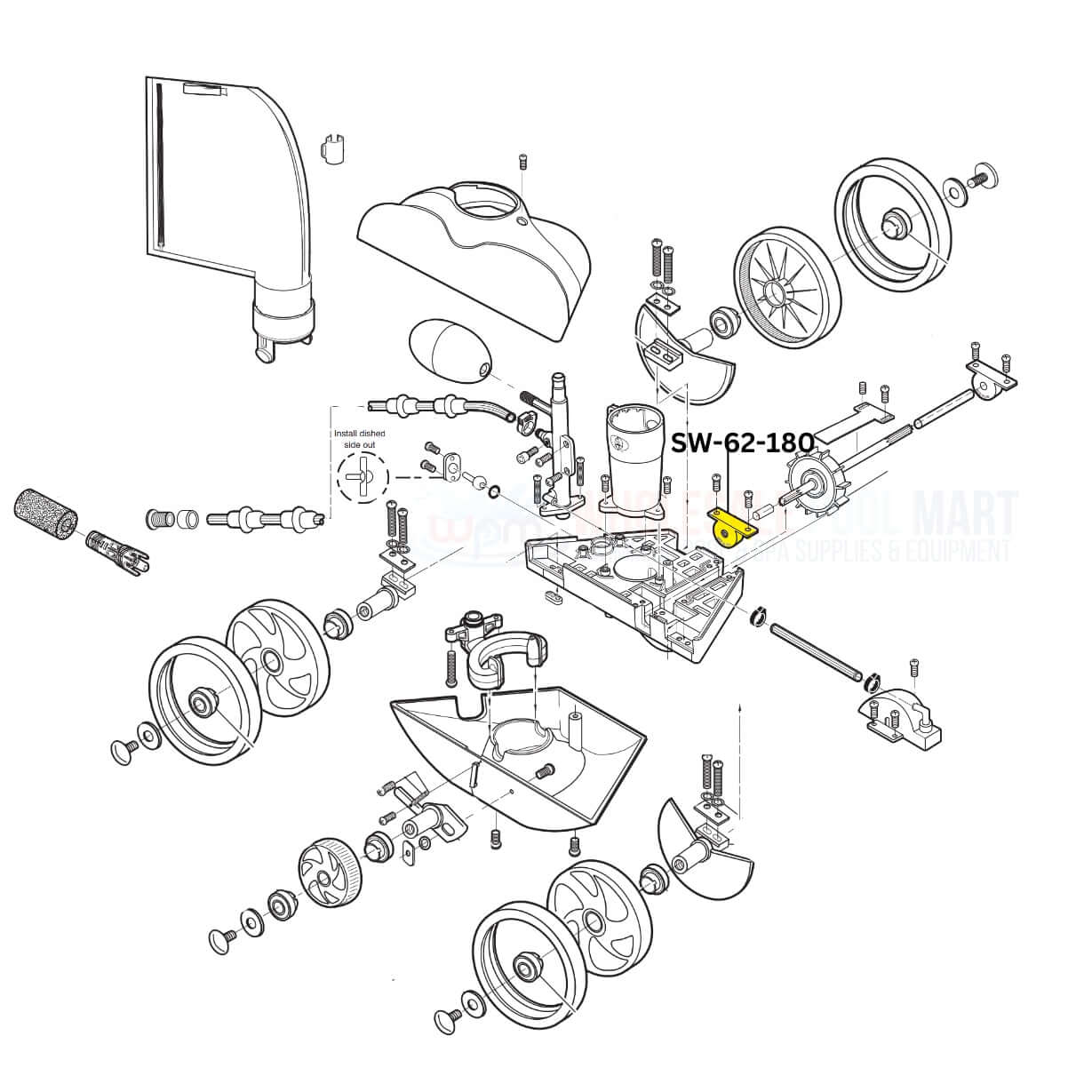 Exploded view of Swimables SW-62-180 turbine ball bearing parts for Polaris Vac-Sweep 180 280 at Wholesale Pool Mart WPM.