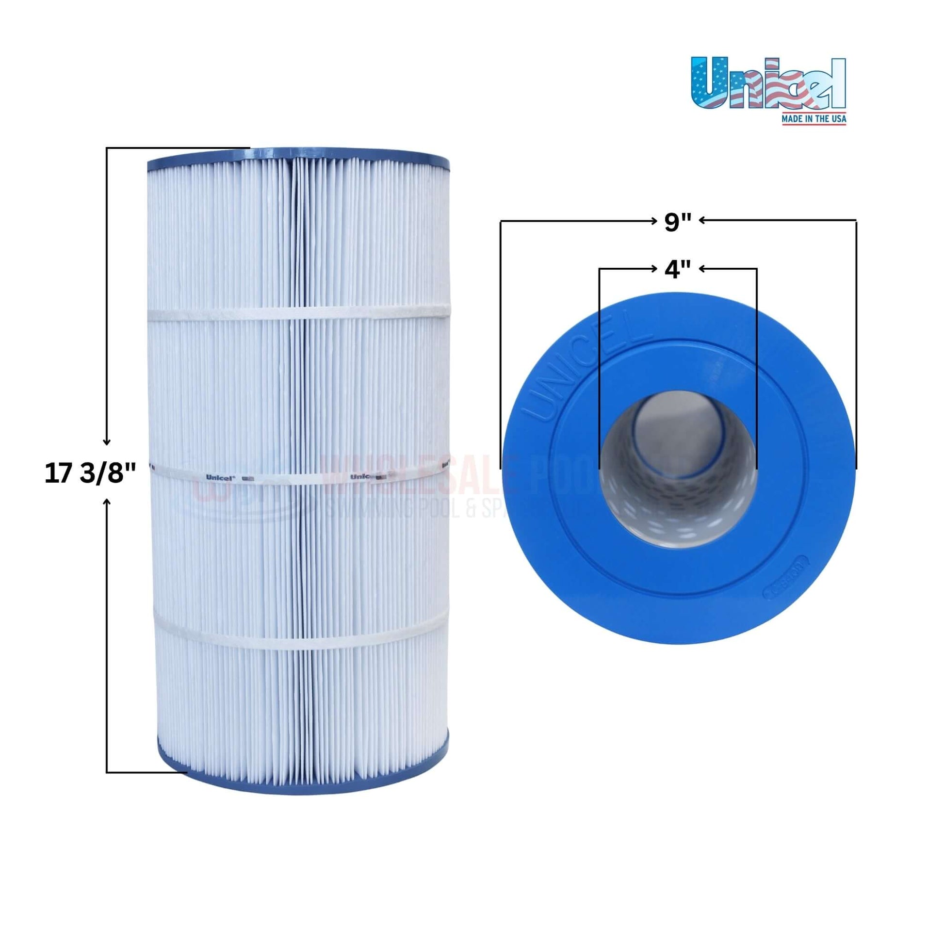 Unicel C-8409 Hayward C900 90 Sq. Ft. Cartridge | CX900RE, 17-3/8" length, 9" diameter, blue end caps, pool filter replacement, Wholesale Pool Mart.