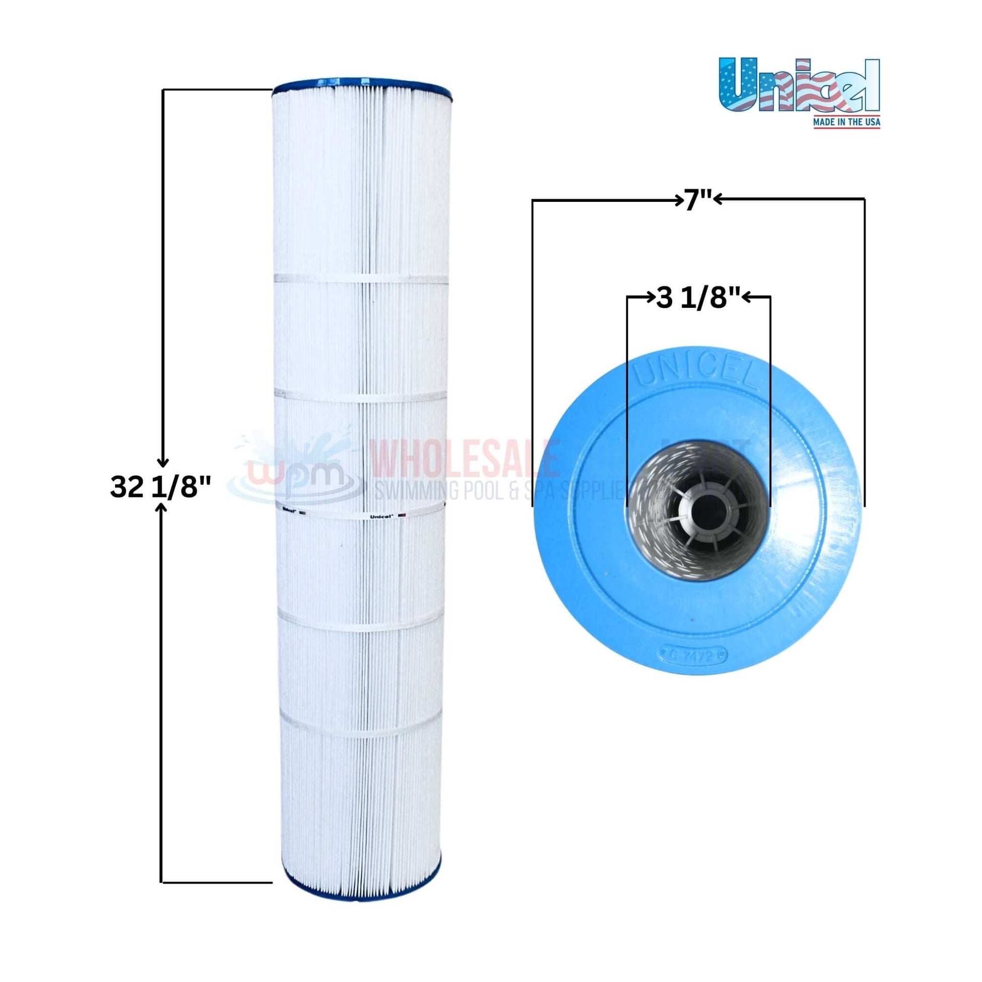 Unicel Cartridge C-7472 with dimensions, 32 1/8" height, 7" width, 3 1/8" diameter from Wholesale Pool Mart WPM.