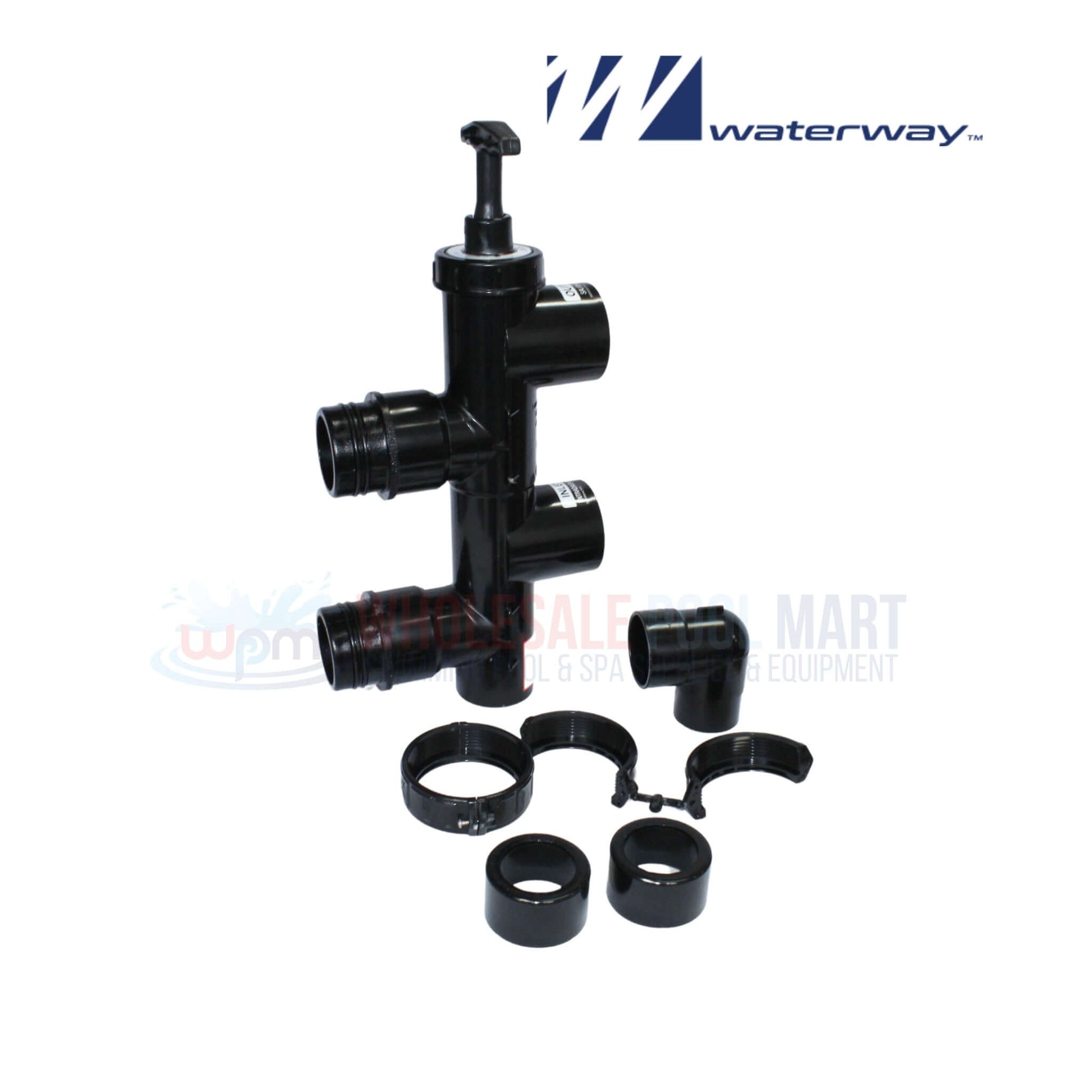 Waterway 2.5" High-Temp PVC Slide Valve Assembly with reducers for easy installation, available at Wholesale Pool Mart WPM.