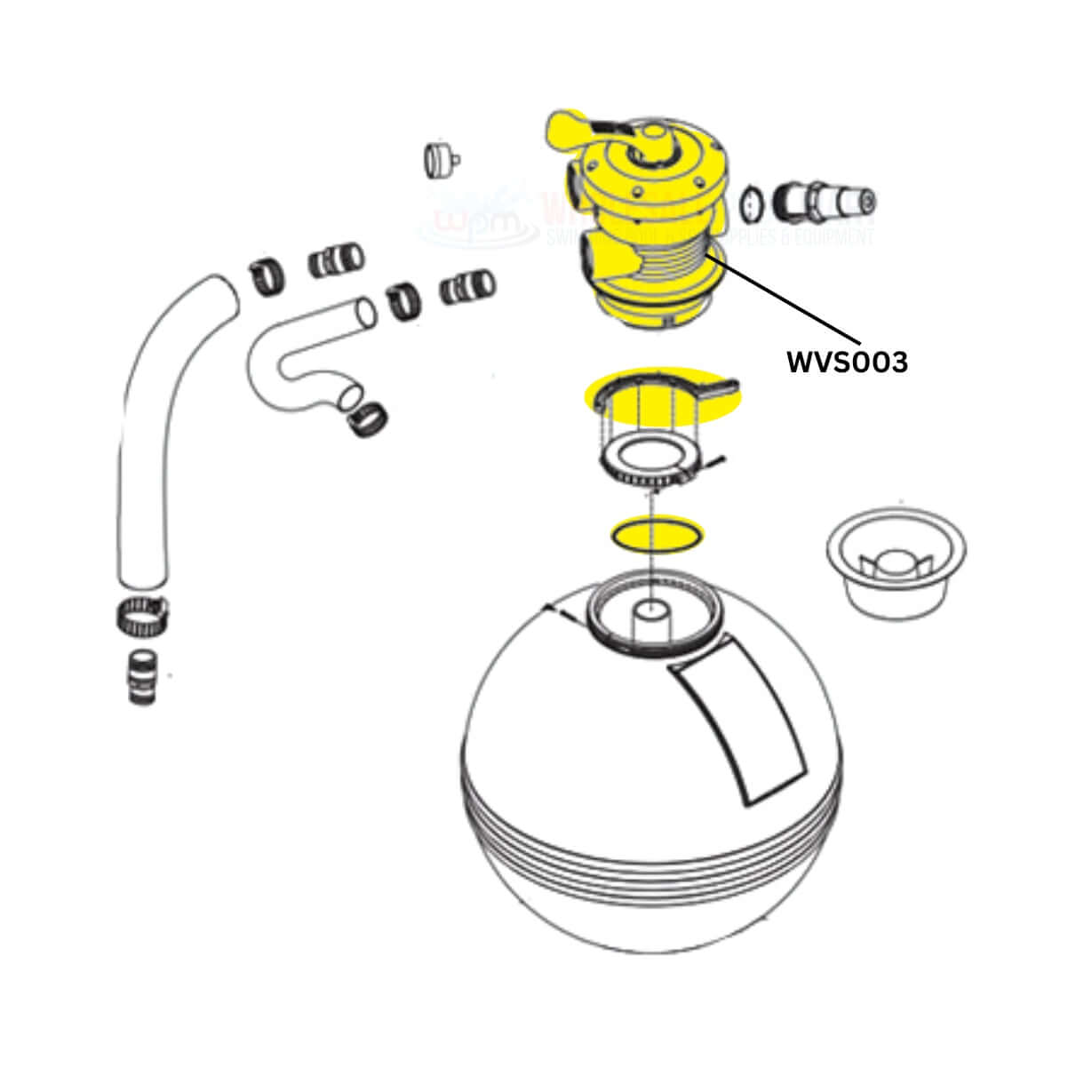 Waterway Sand Filter Multiport Valve WVS003 diagram, essential for pool maintenance, Wholesale Pool Mart WPM