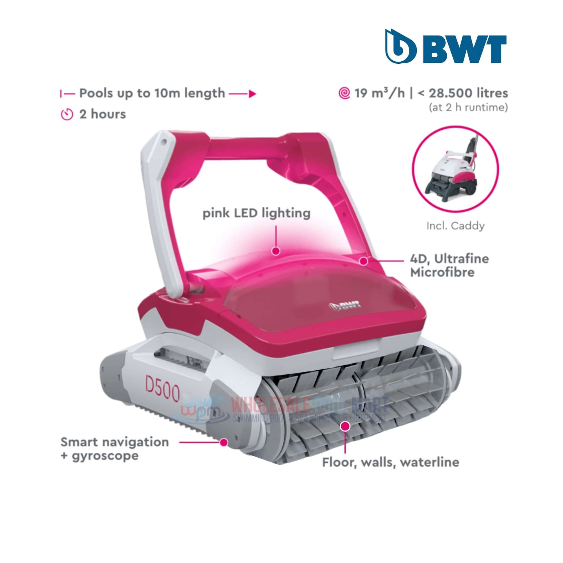 BWT D500 Pool Robotic Cleaner with pink LED, Smart Navigation, 4D filter, from Wholesale Pool Mart WPM.