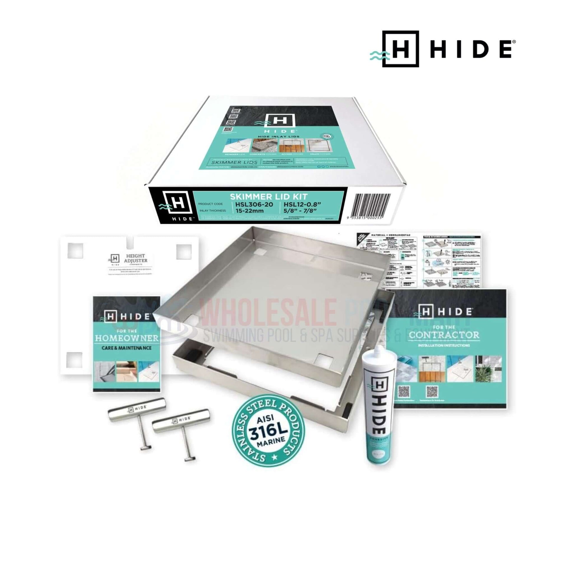 Hide Skimmer Cover Lid Replacement kit by Wholesale Pool Mart WPM, featuring 316L stainless steel and installation materials.