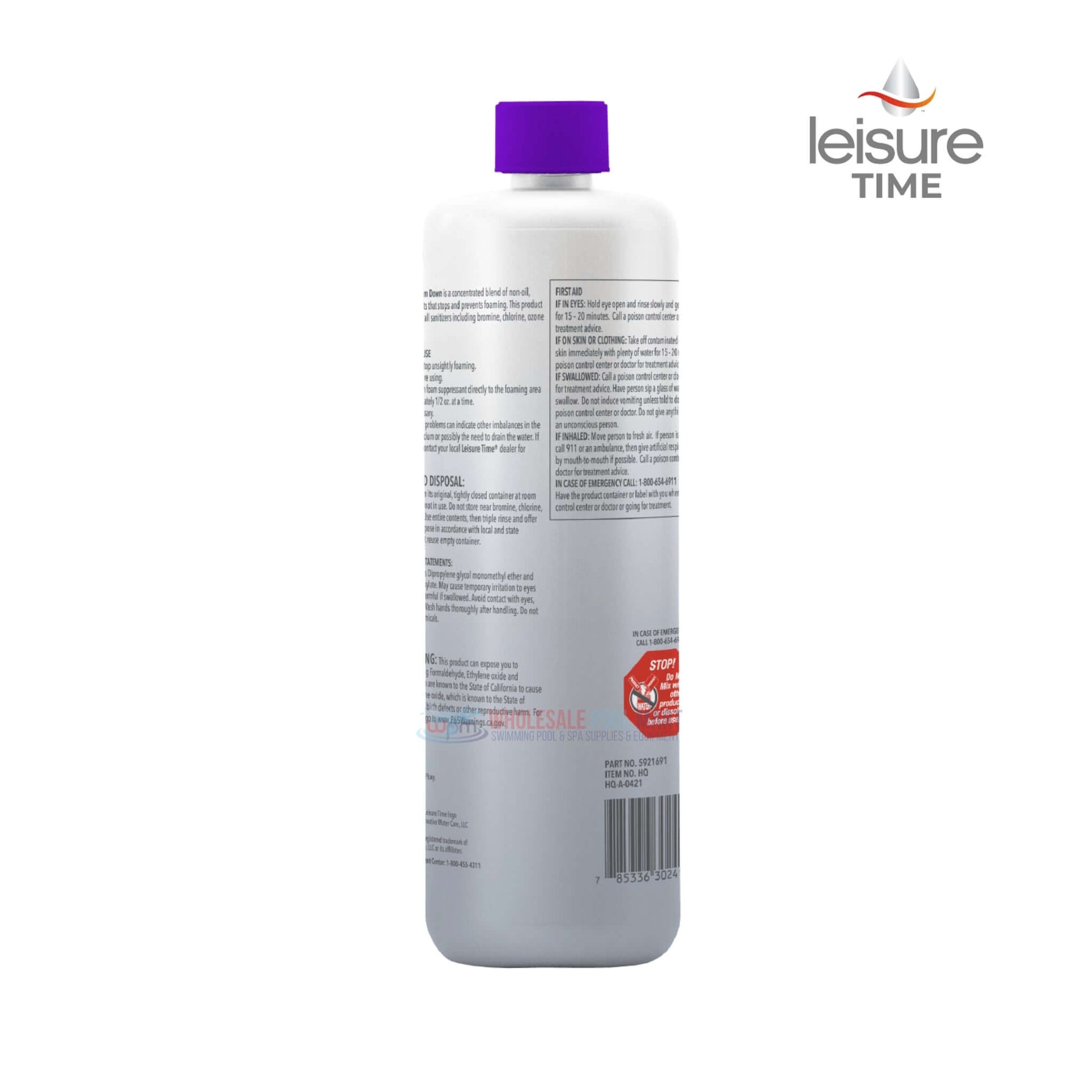 Leisure Time Foam Down spa foam remover 16 oz bottle from Wholesale Pool Mart WPM for effective foam suppression.