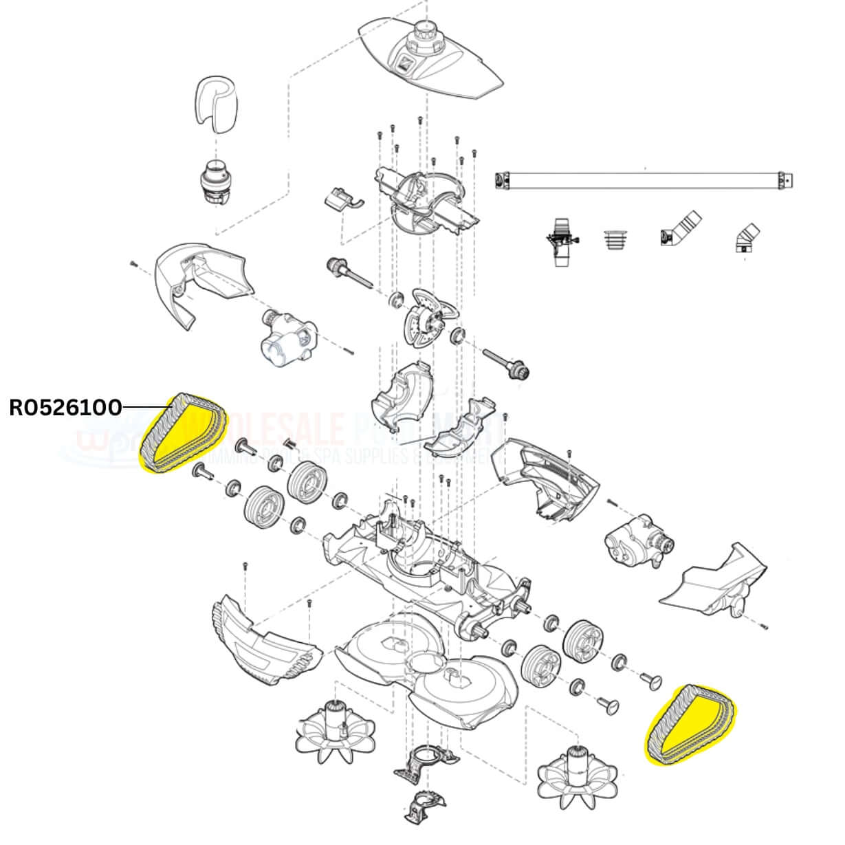 Exploded view of Zodiac Track Tires R0526100 for MX8 and MX6 cleaners from Wholesale Pool Mart WPM.