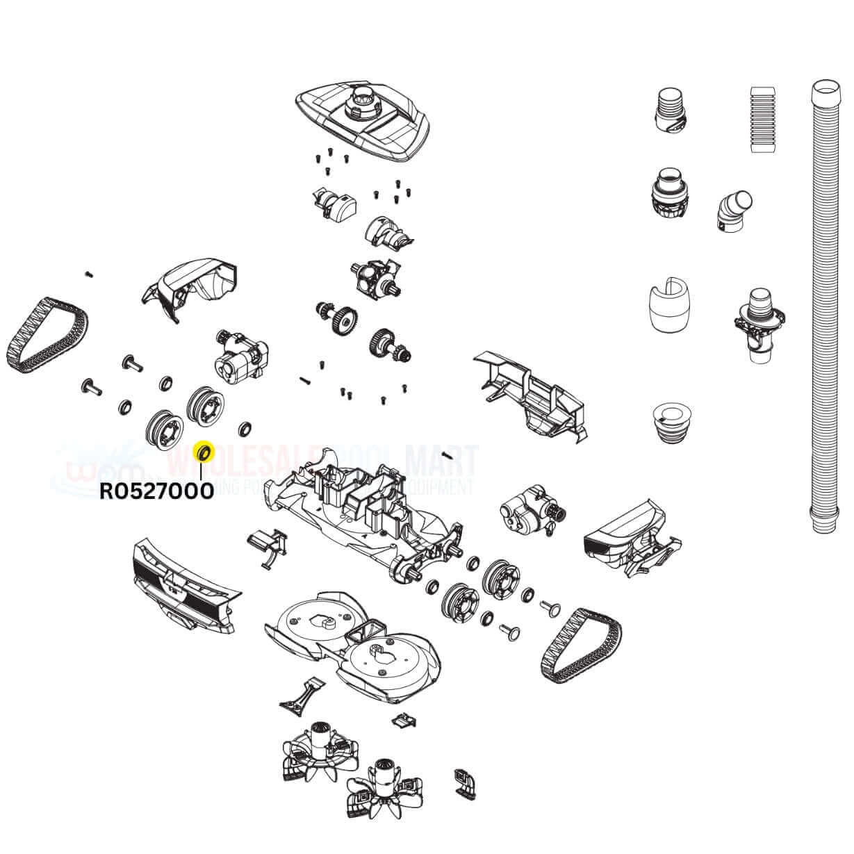 Zodiac Wheel and Engine Bearing R0527000 parts diagram for Barracuda MX8/MX6 cleaners. Wholesale Pool Mart WPM.