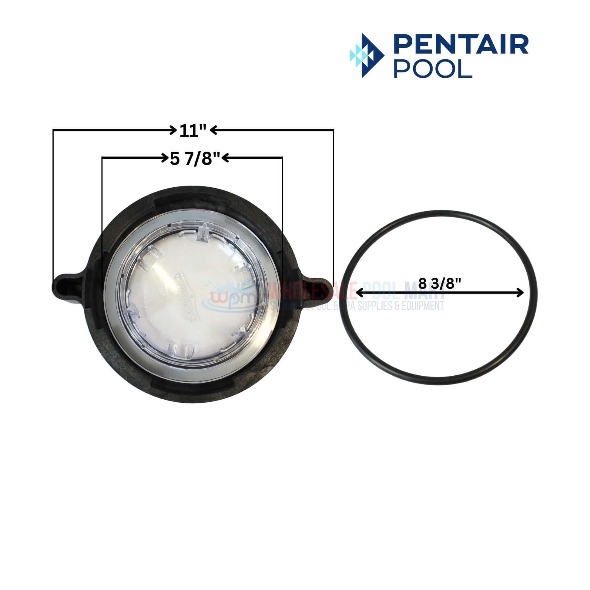 Pentair Pool lens with dimensions 11in x 5 5/8in, 8 3/8in diameter rubber O-ring | Wholesale Pool Mart WPM